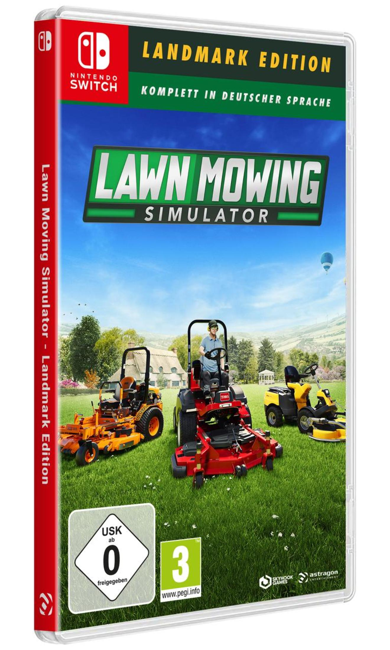 Lawn Mowing Simulator-Spielbox. Enthält Traktoren auf Gras, Himmels Hintergrund und den Titel des Spiels.