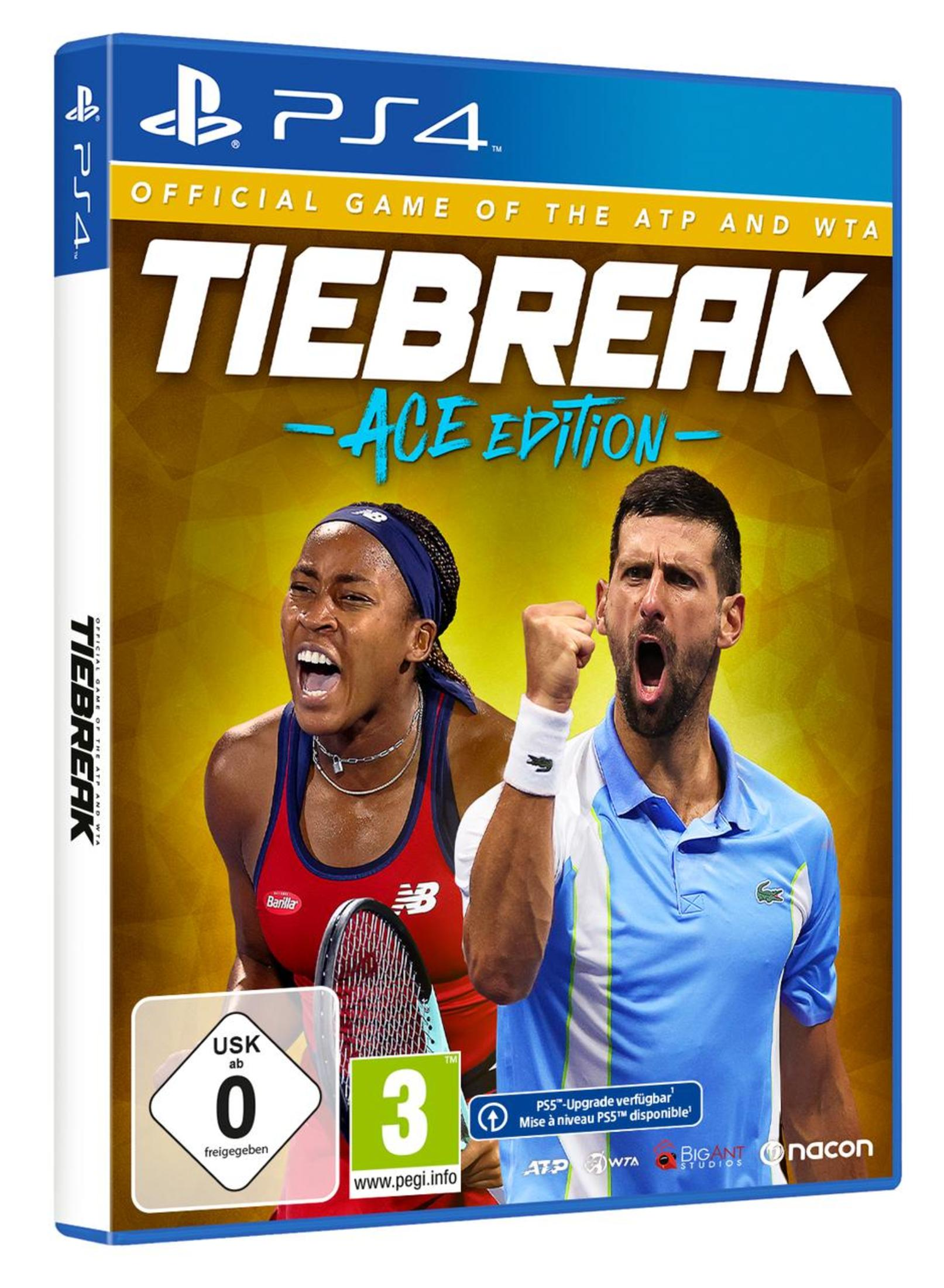 Tiebreak Ace Edition PS4-Spielcover, Tennisspieler feiern.