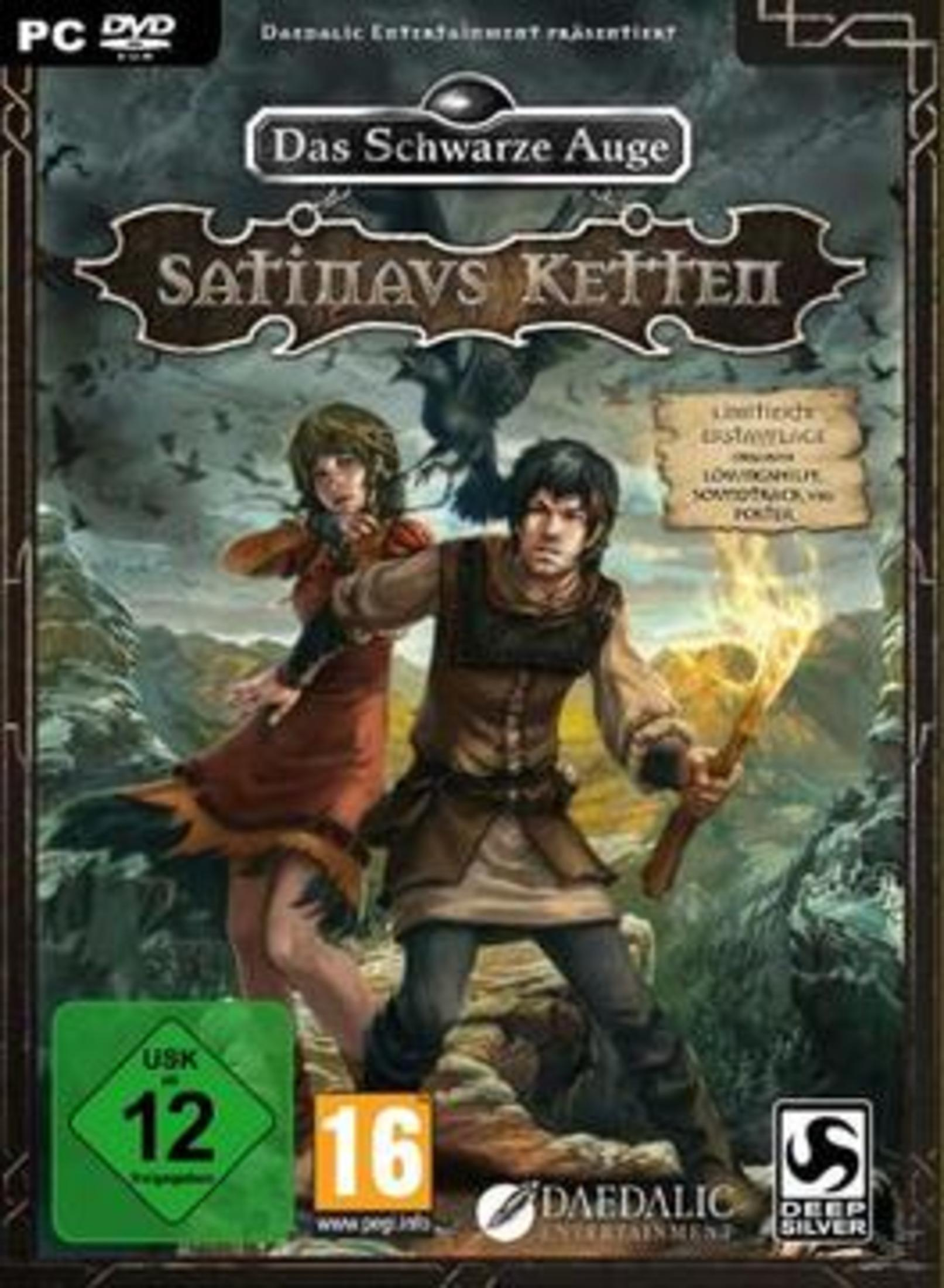 Spielverpackung mit zwei Charakteren und einem Raben. Text: 'Das Schwarze Auge'.