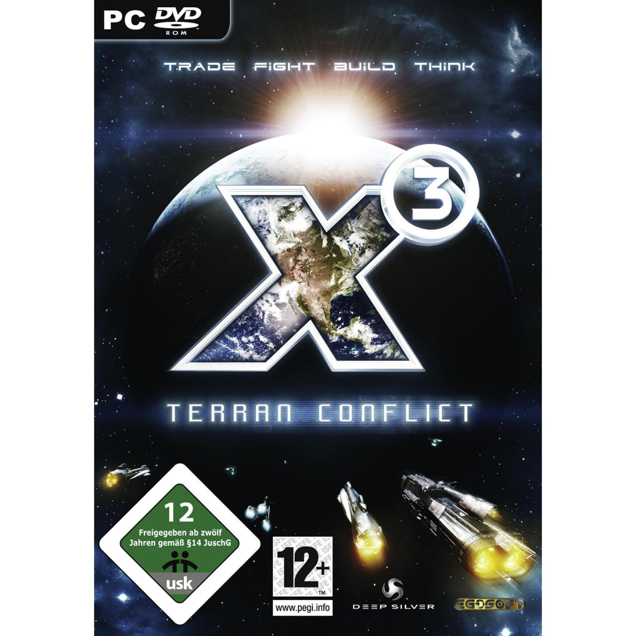 X3 Terran Conflict-Spielcover. Es zeigt Raumschiffe und das X-Logo.