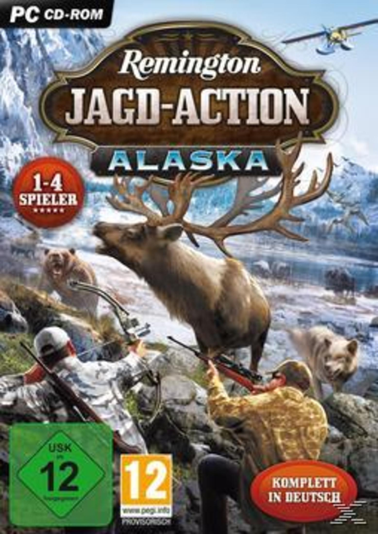 Spielcover für ein Jagdspiel mit dem Titel „Remington Jagd-Action Alaska“.