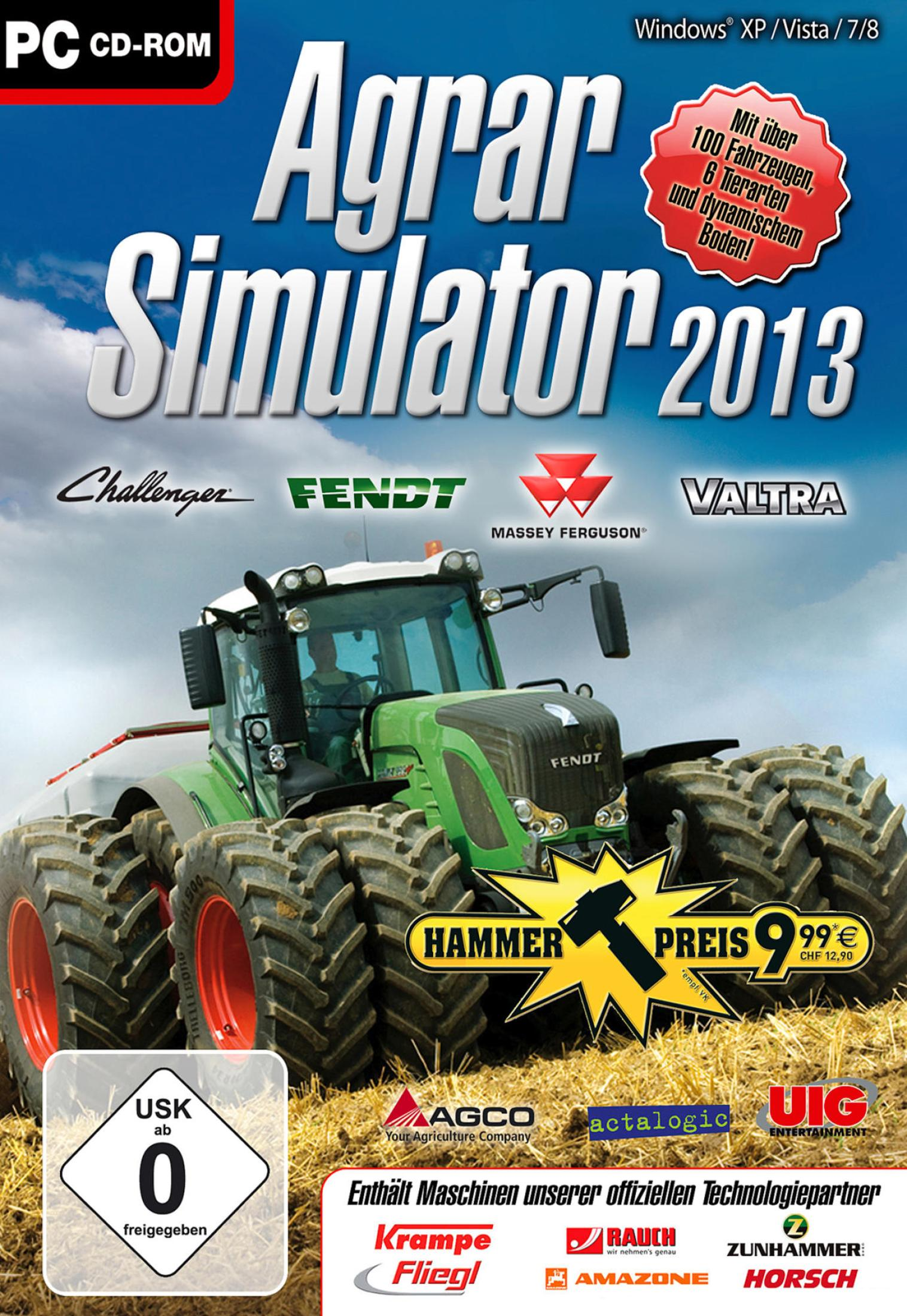Spiele-Cover für Agrar Simulator 2013 mit einem Traktor und Spielelogos.