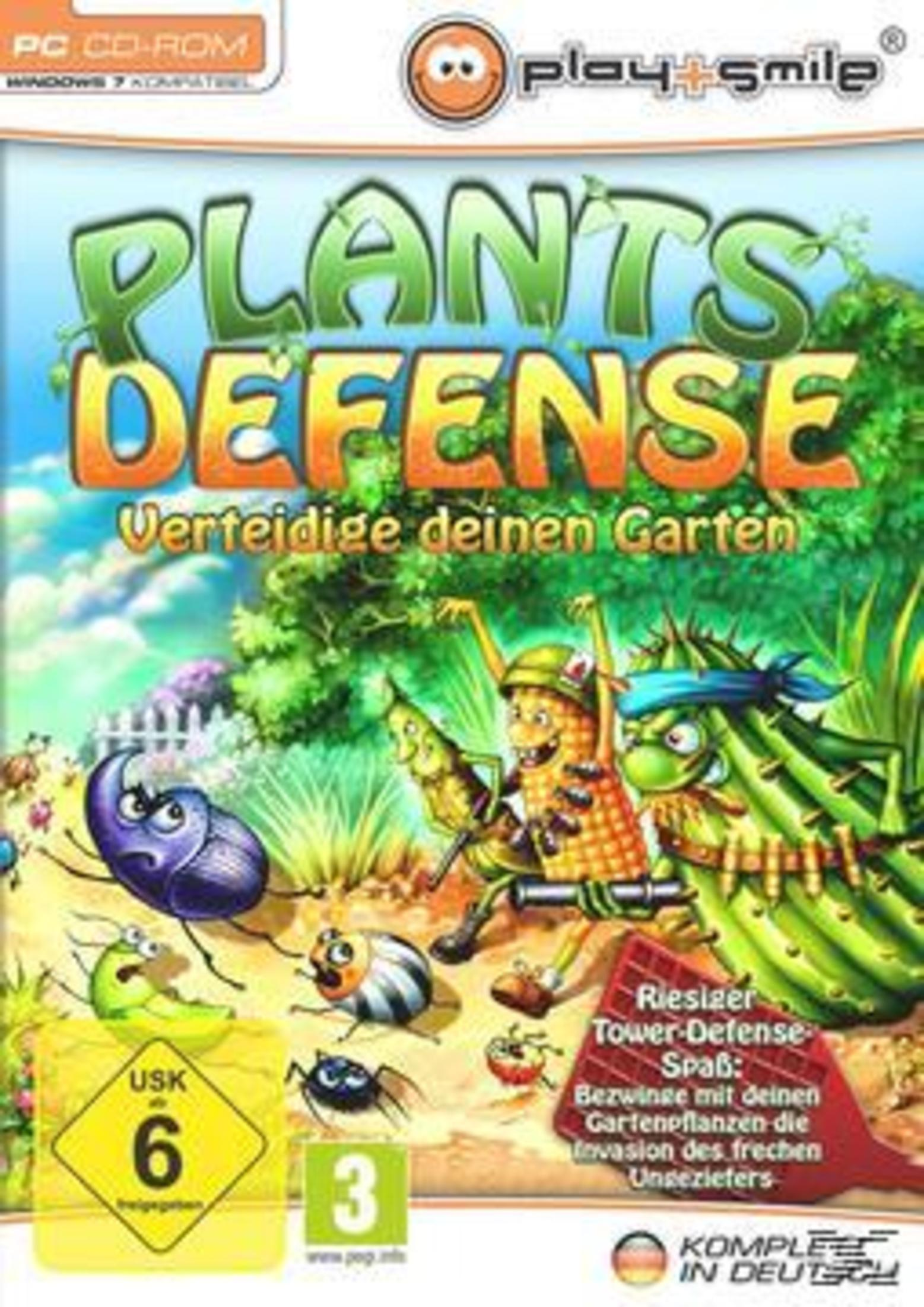 Eine Spielbox von Plants Defense, die Zeichentrickpflanzen zeigt, die gegen Zeichentrickkäfer kämpfen.