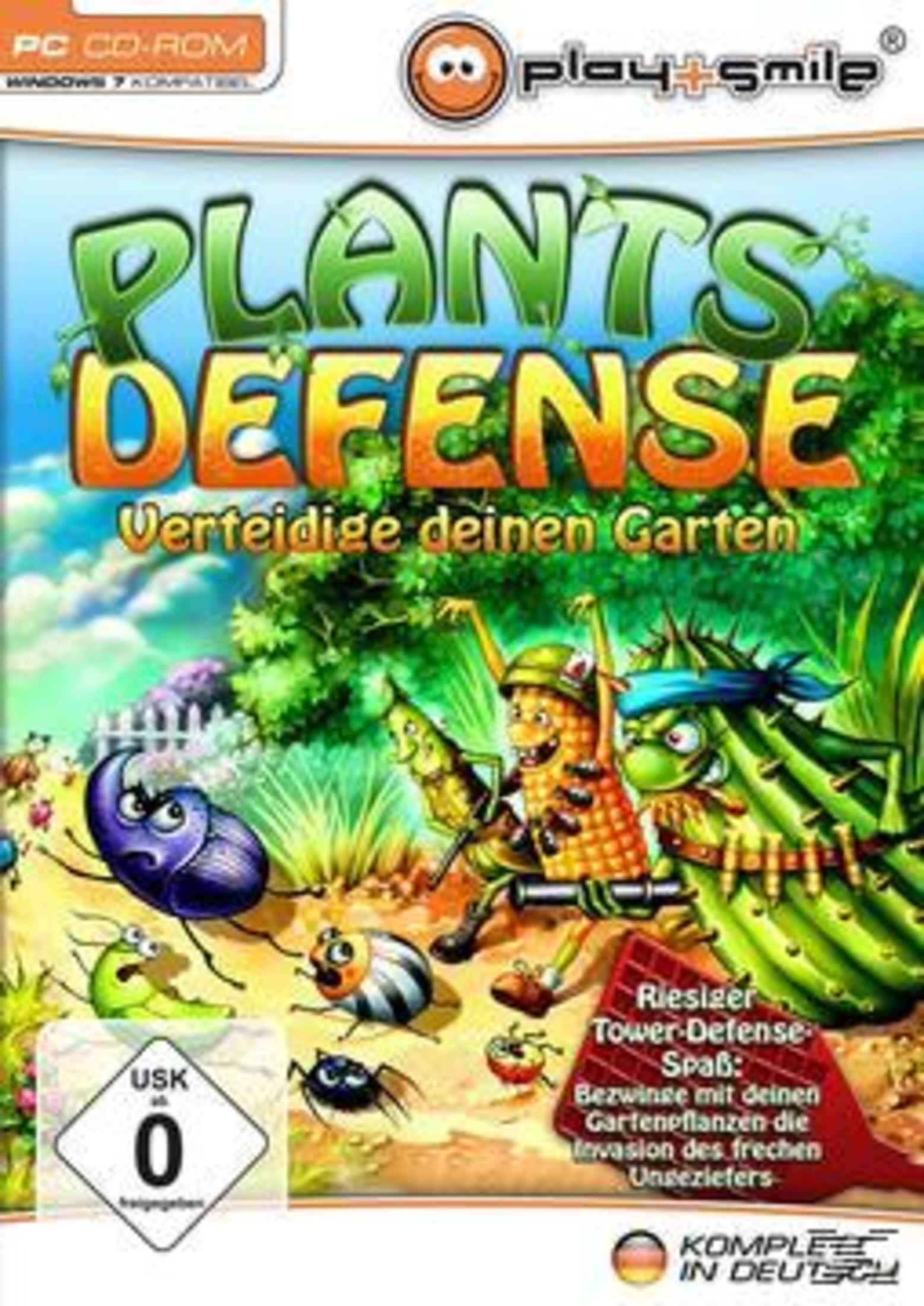 Spielbox-Art für "Plants Defense". Cartoon-Pflanzen kämpfen gegen Käfer. Bunt, mit blauem Himmelhintergrund.