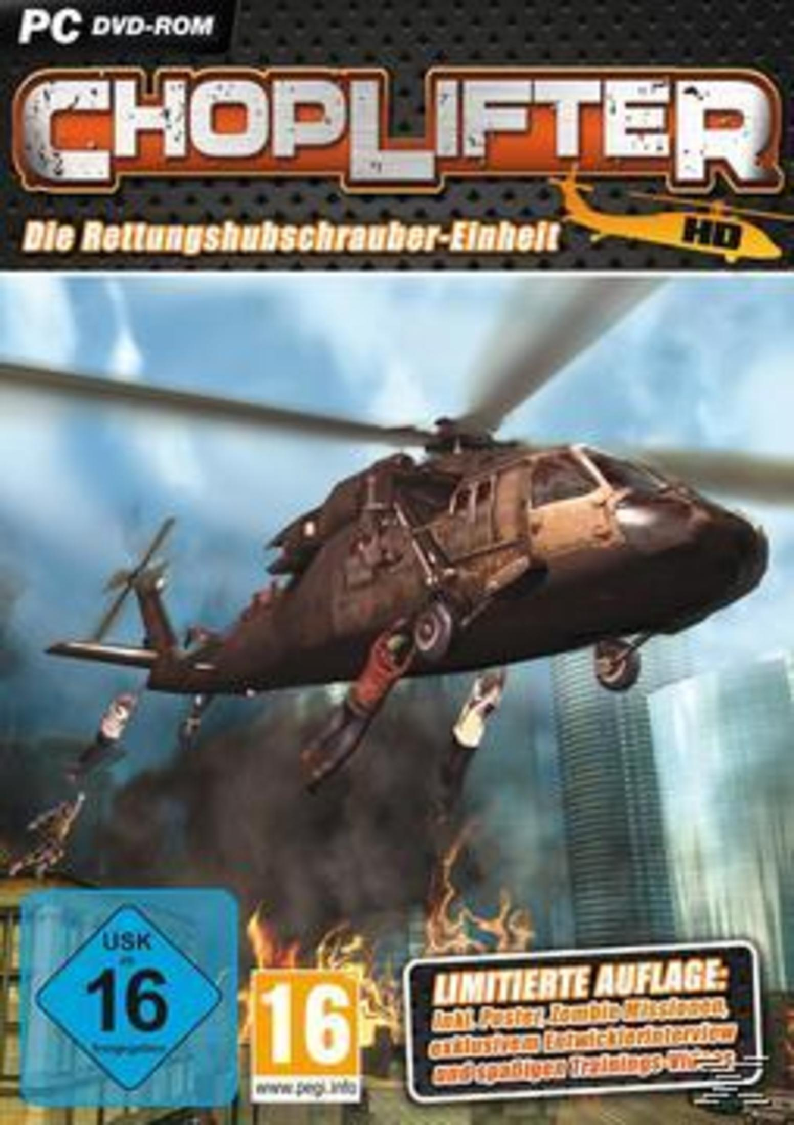 Eine Spielverpackung des Spiels Choplifter. Ein Hubschrauber fliegt über eine Stadt.
