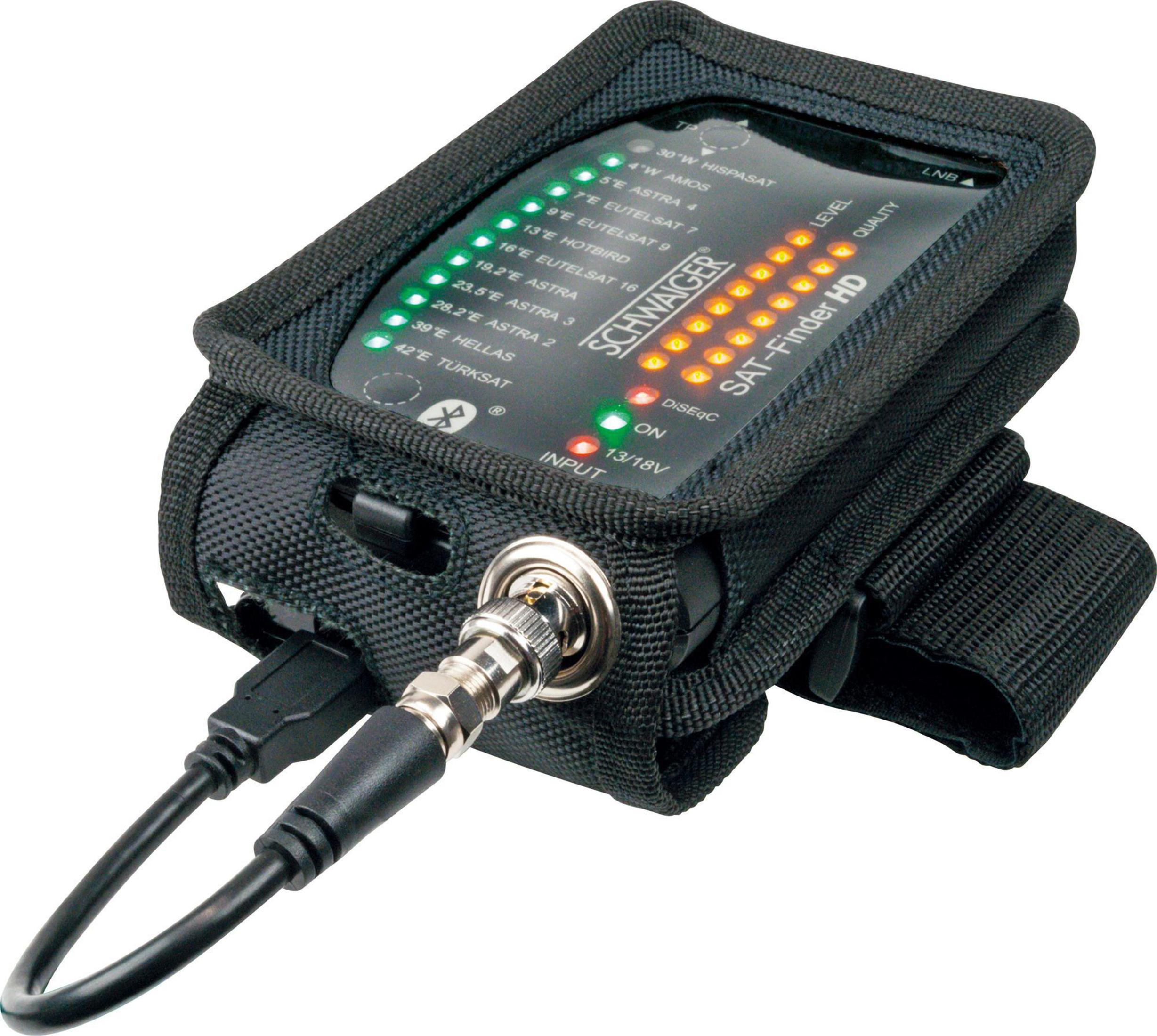Ein schwarzes Sat-Finder HD-Gerät mit Kabel und Handschlaufe.