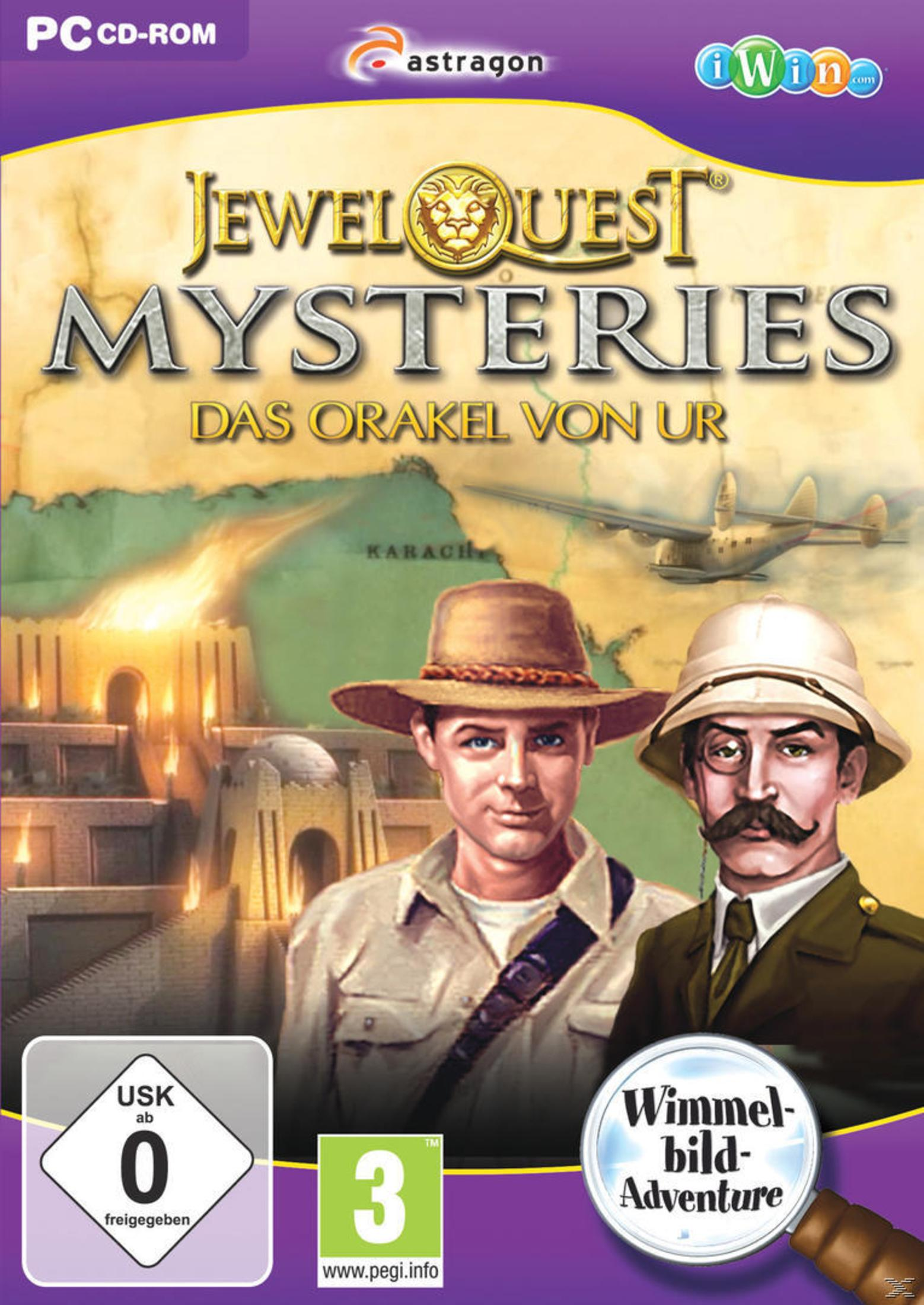 Eine Videospielbox zeigt zwei Männer mit Safarihüten und ein Flugzeug. Der Titel lautet Jewel Quest Mysteries.