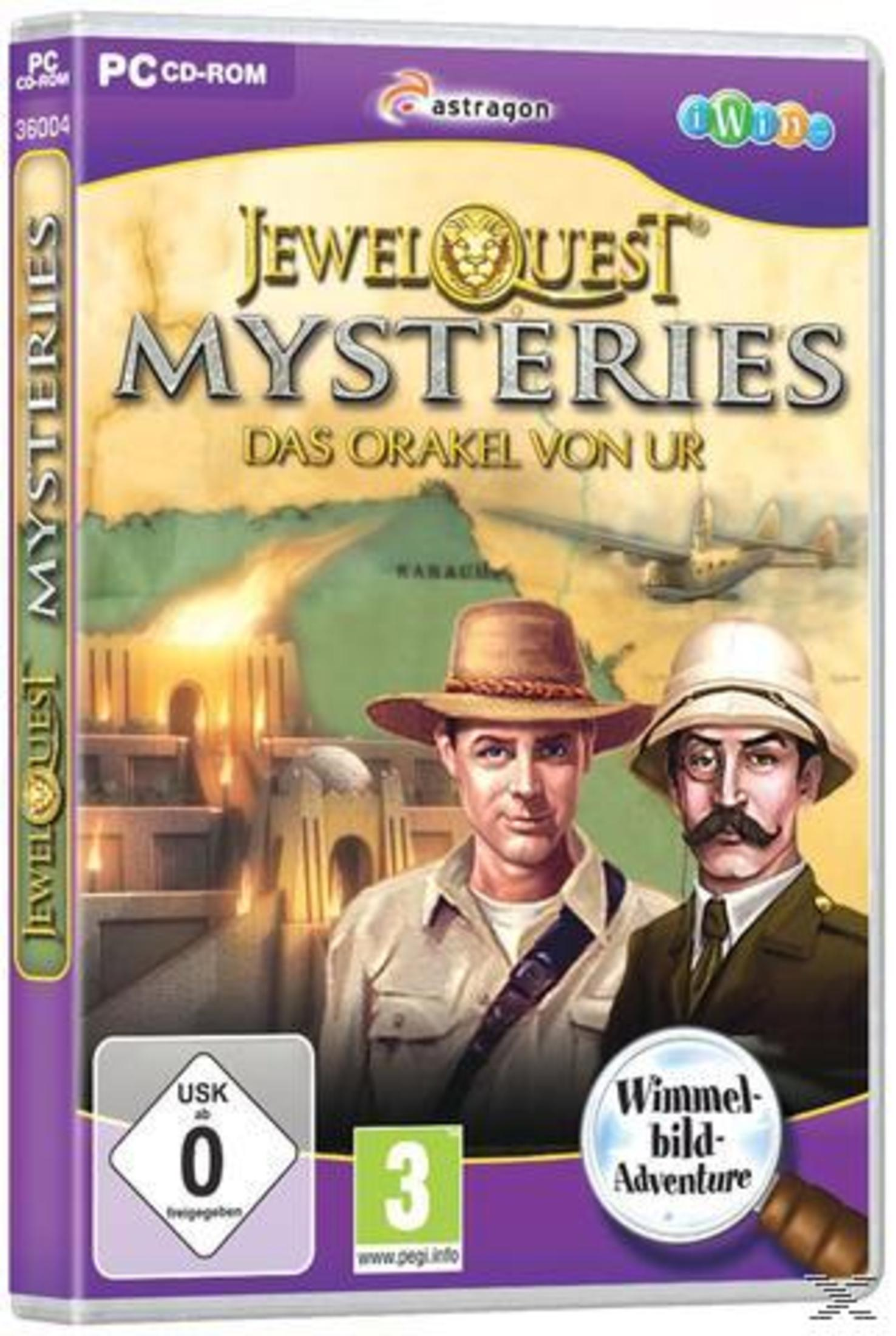 Eine Spielbox mit zwei Männern mit Hüten auf dem Cover. Das Spiel heißt Jewel Quest Mysteries.