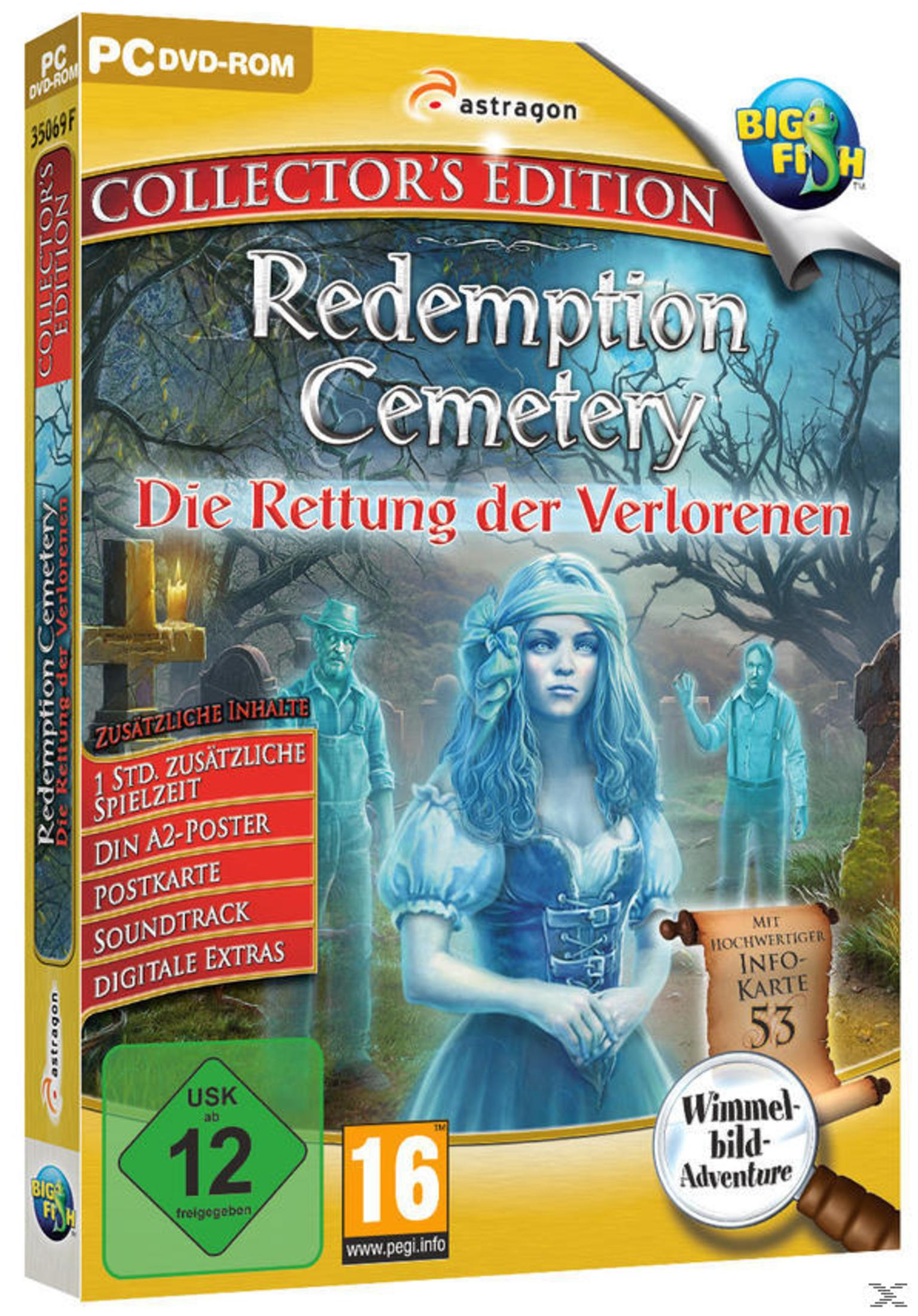 Redemption Cemetery-Spielbox. Zeigt eine Frau in blauem Kleid und zwei geisterhafte Figuren.