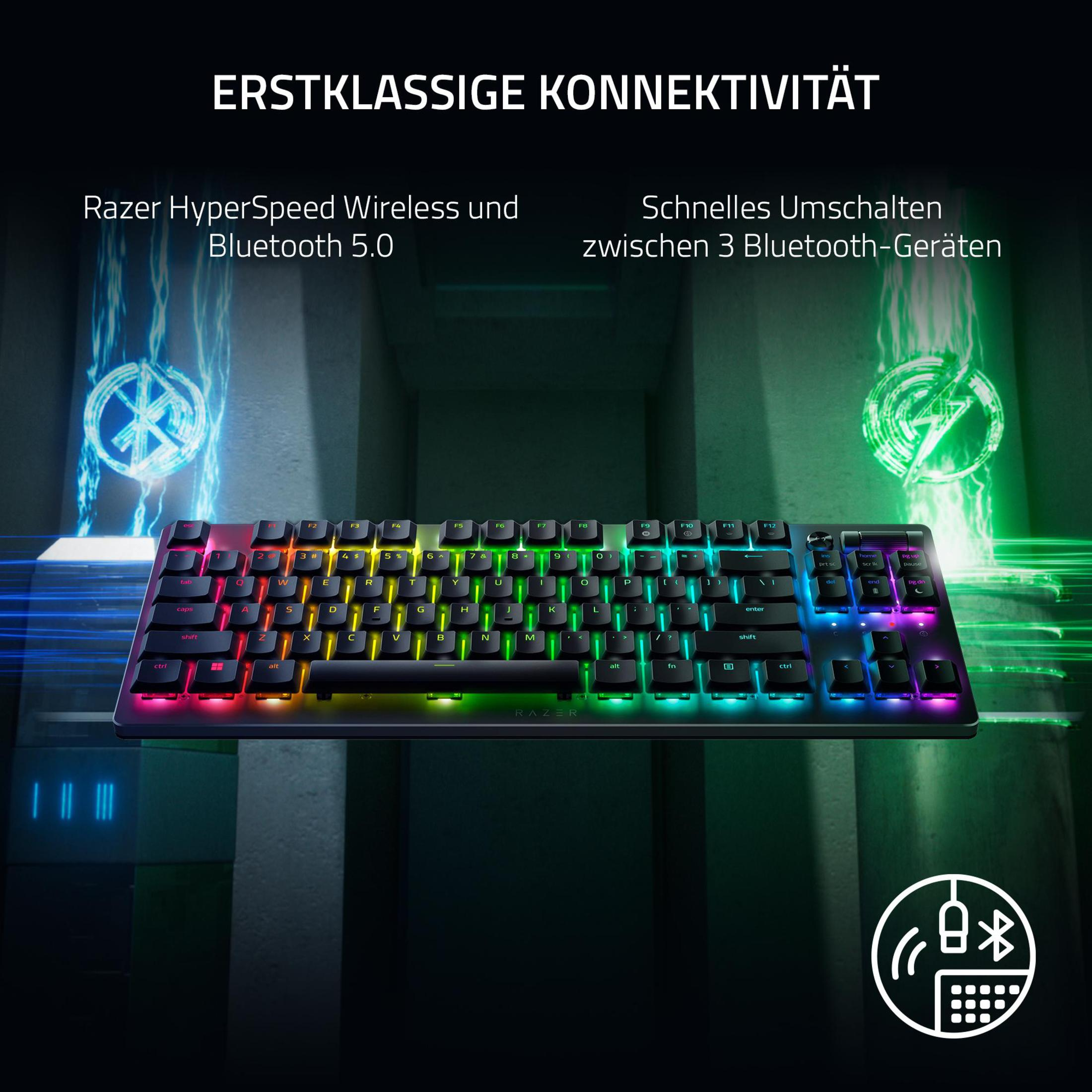 Czarna klawiatura dla graczy z kolorowymi światłami i tekstem w języku niemieckim.