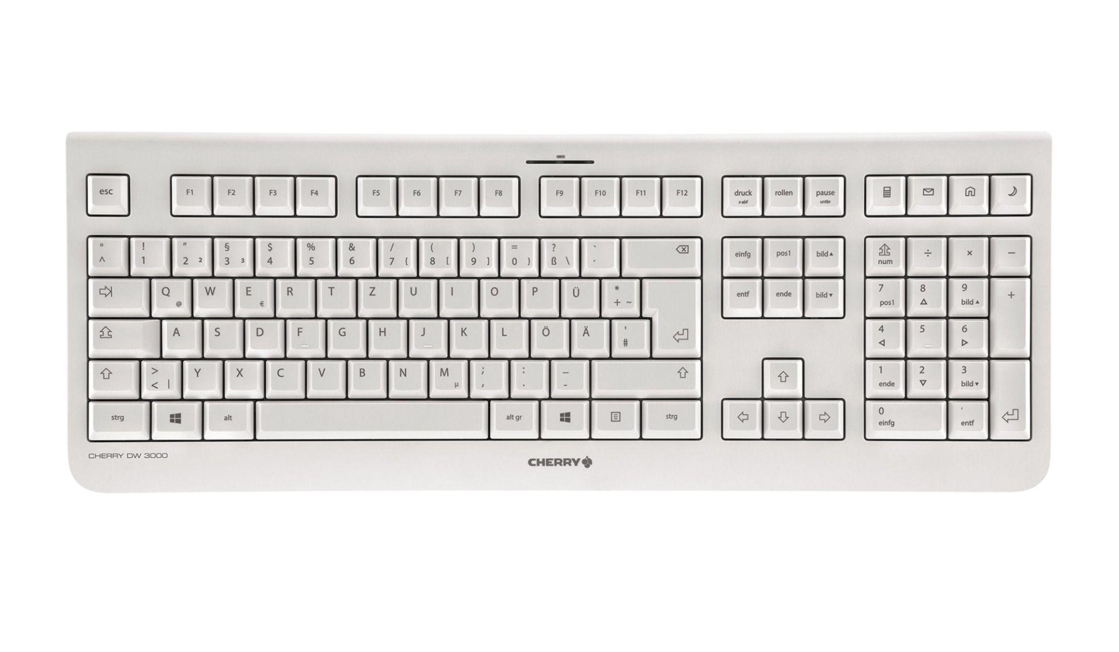 Eine weiße Computertastatur mit schwarzen Tasten und Buchstaben. Draufsicht.