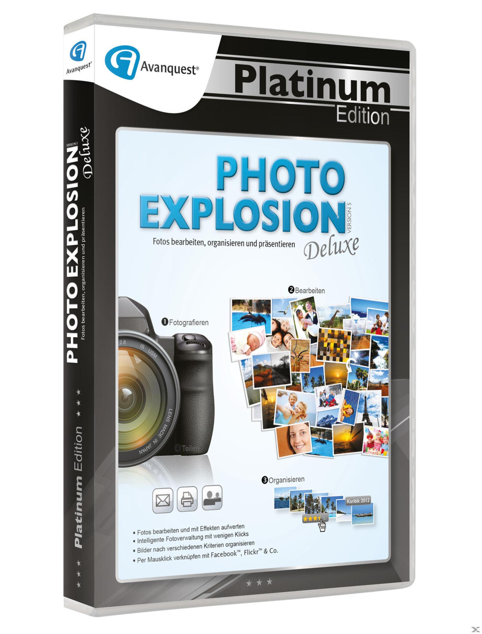 Ein Buchcover für Photo Explosion Deluxe mit einer Kamera, Fotos und dem Namen der Software.