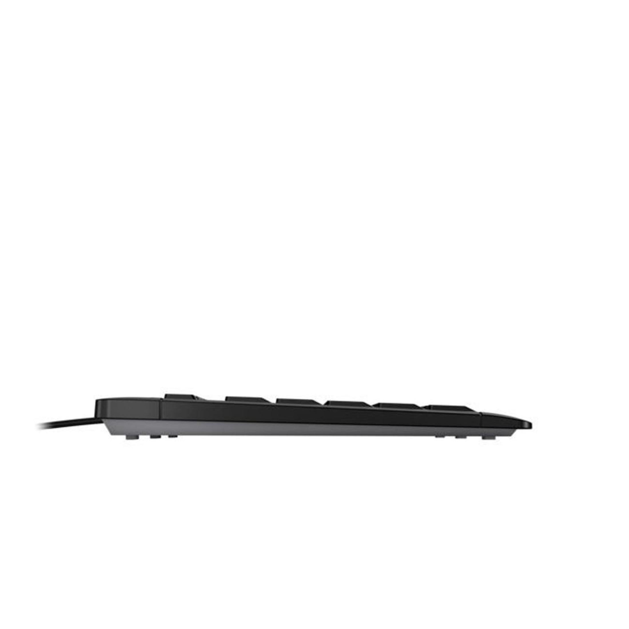 Seitenansicht einer schwarzen Tastatur. Die Tastatur ist ein flaches, kabelgebundenes Design.