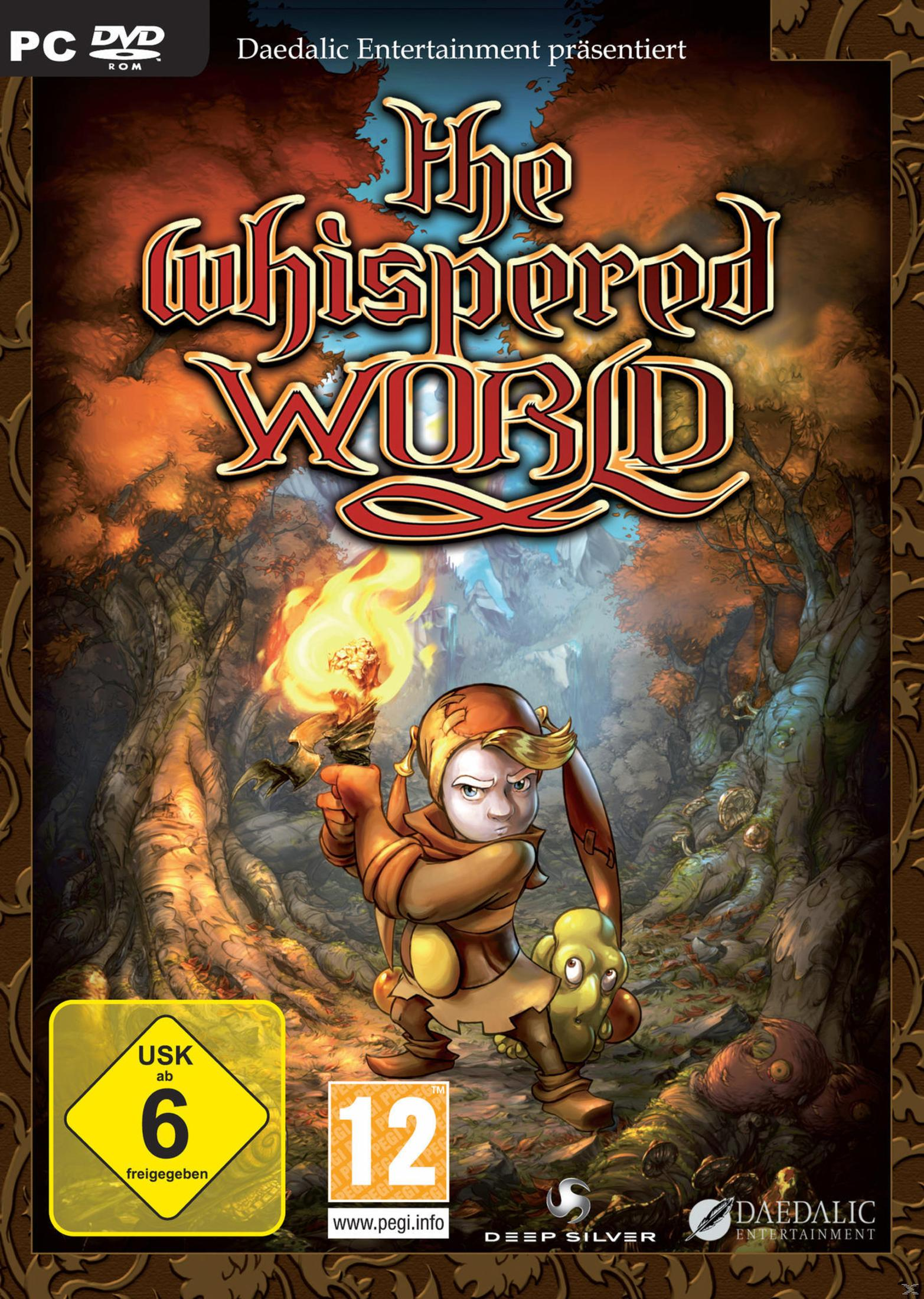 Ein Spielbox-Cover, 'The Whispered World', mit einer Zeichentrickfigur, die eine Fackel hält.