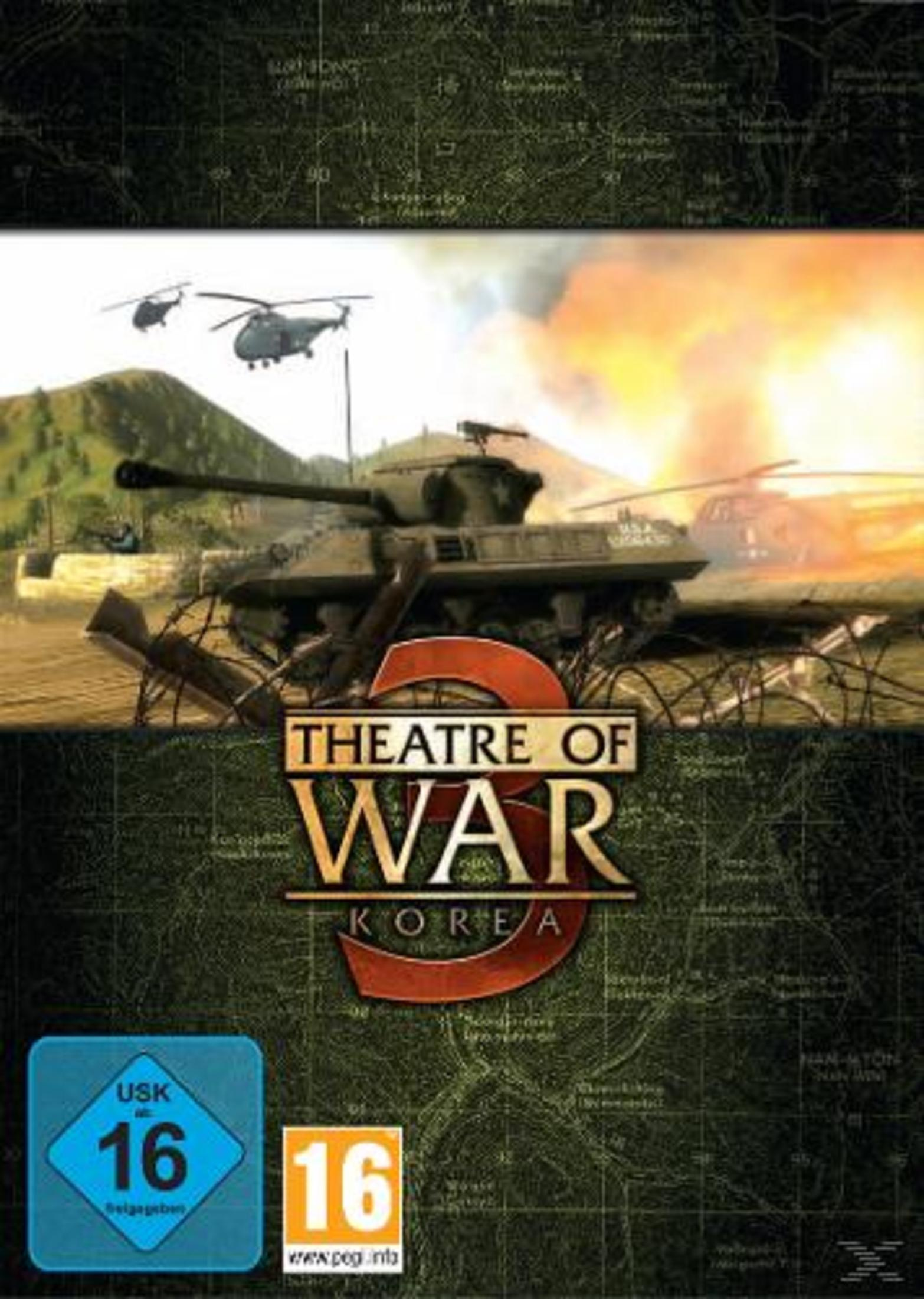 Spielcover für 'Theatre of War 3: Korea' mit einem Panzer und Hubschraubern.