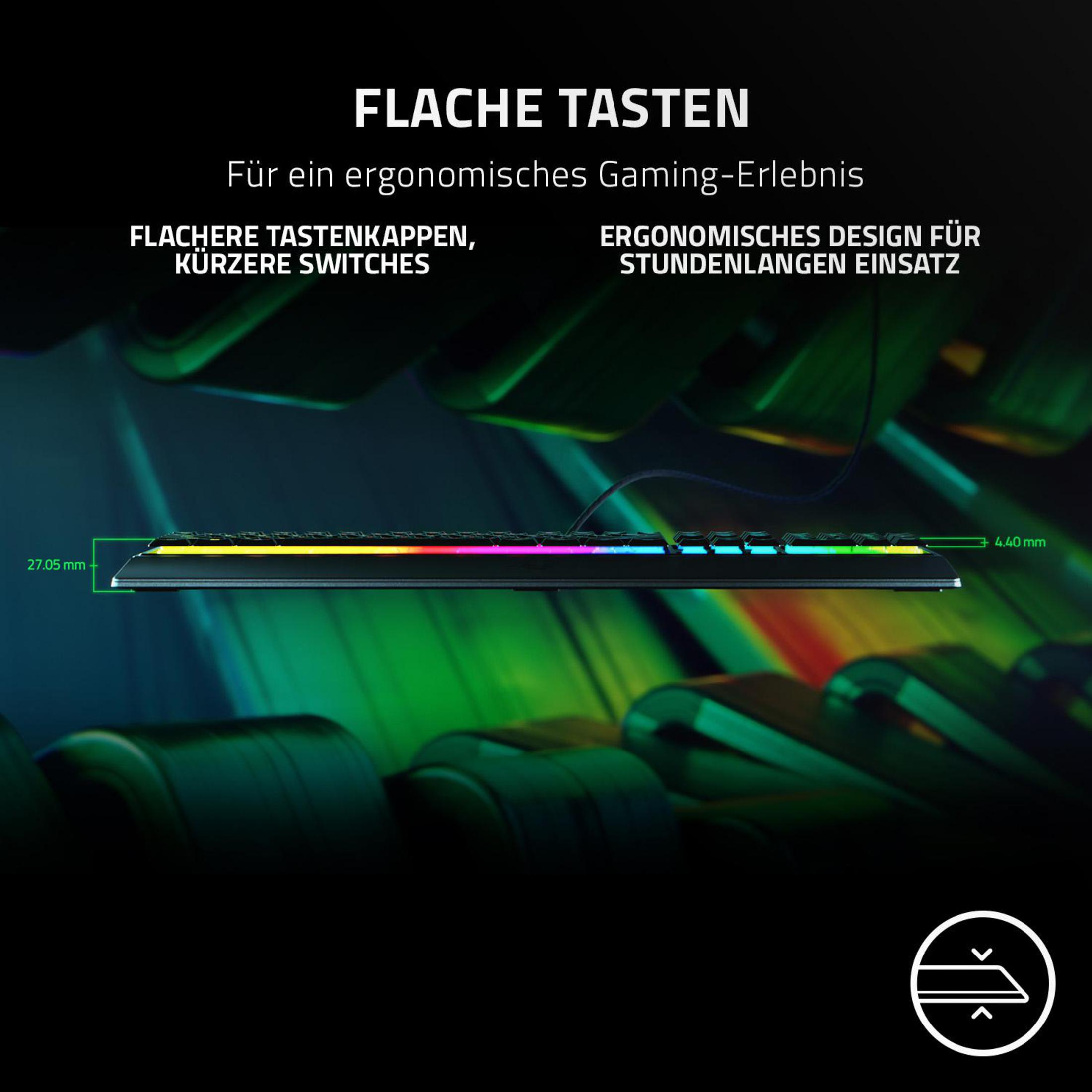 Klawiatura z kolorowymi światłami, czarnymi klawiszami i białym tekstem. Tekst: 'FLACHE TASTEN' po niemiecku.