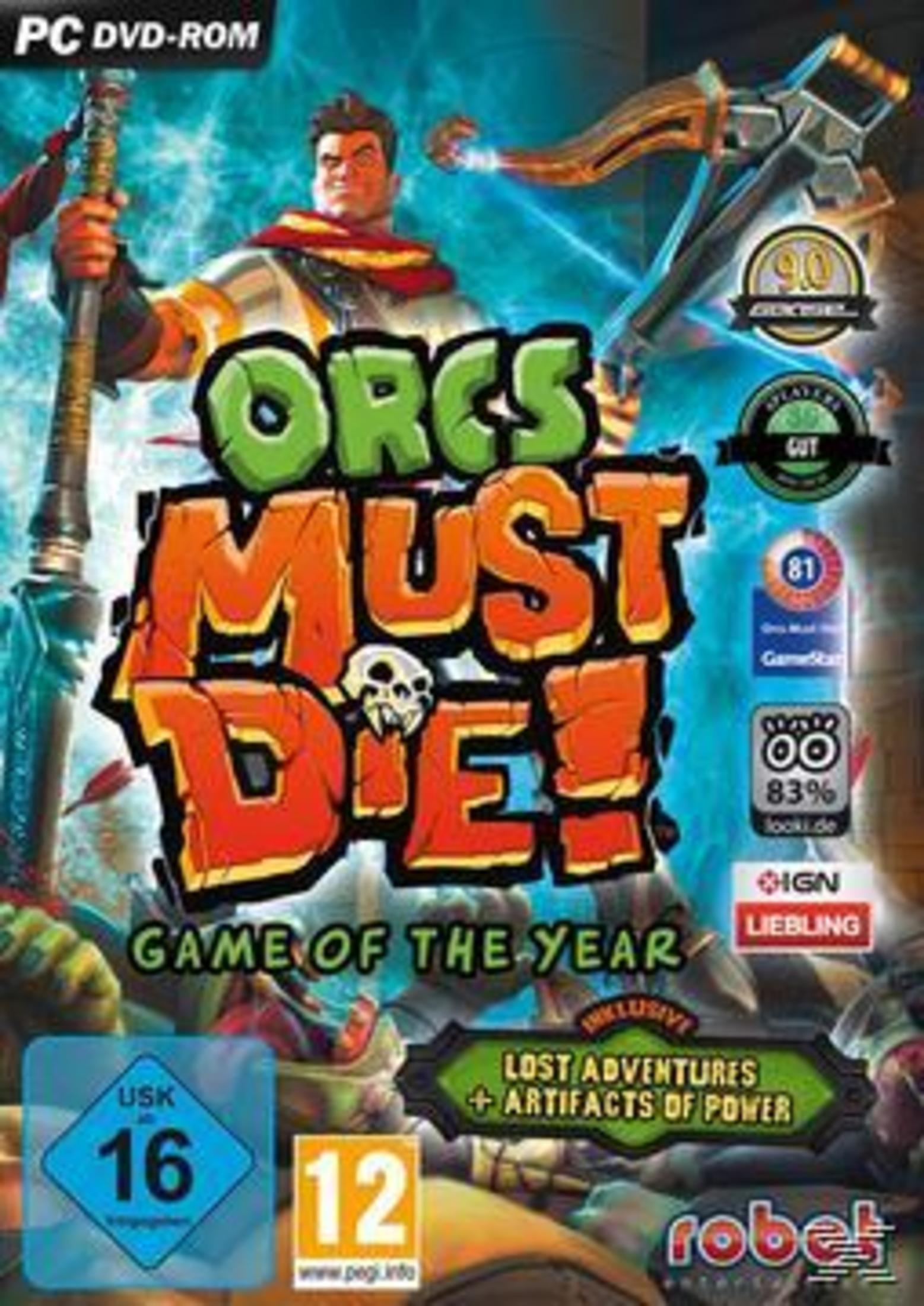 Spielcover: 'Orcs Must Die!'. Ork-Krieger mit Waffen. Text und Logos sichtbar.