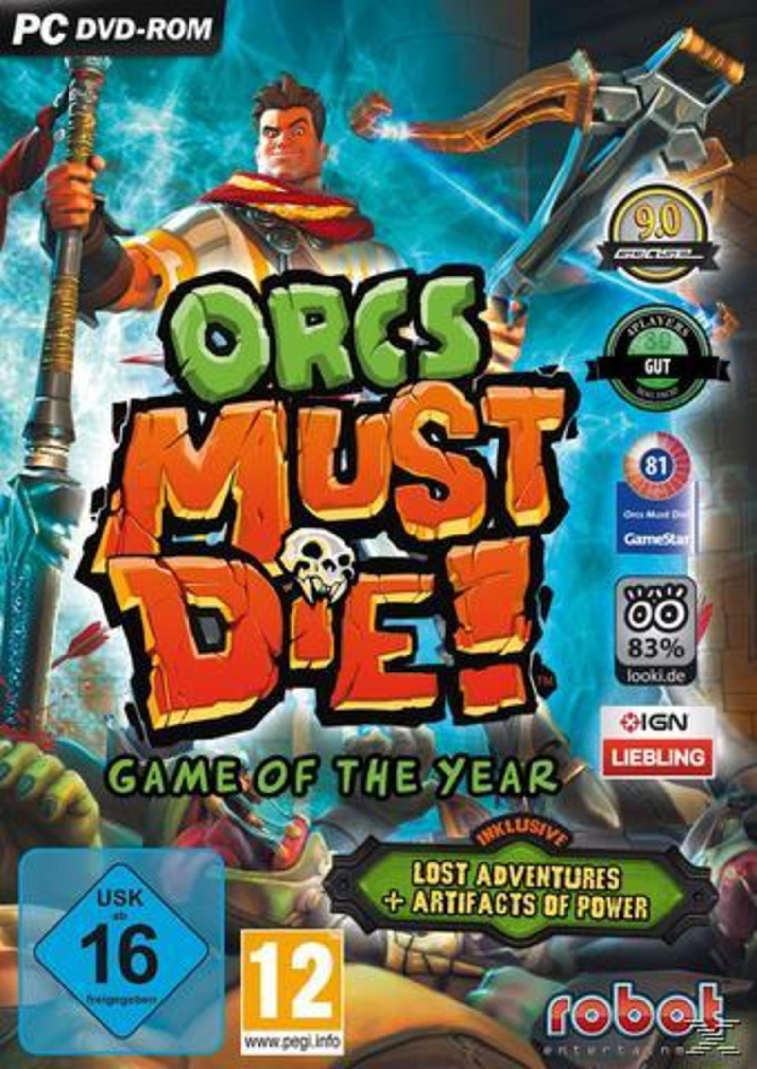 Spielcover von Orcs Must Die! Kämpfende Charaktere. USK 16, Spiel des Jahres.