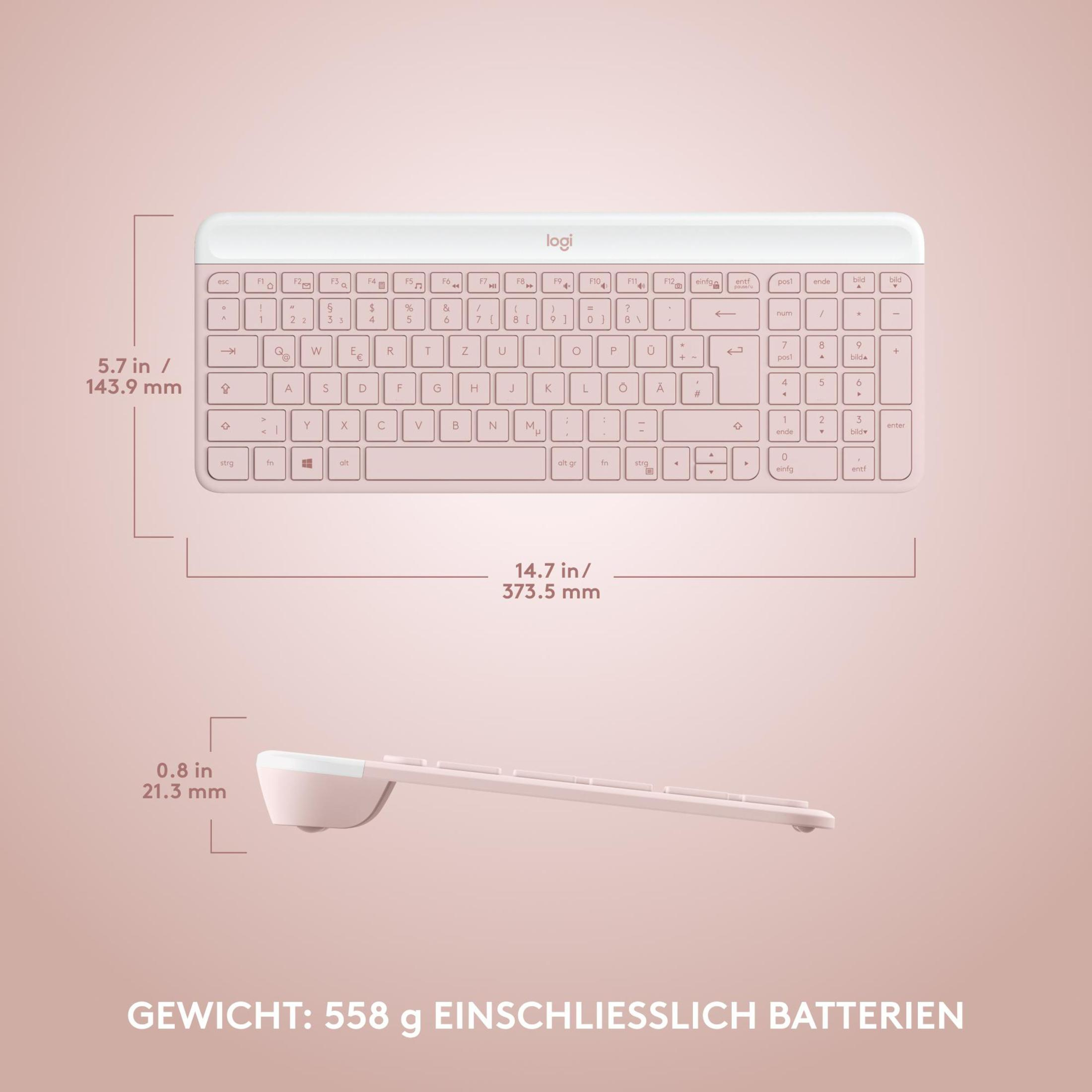 Różowa klawiatura z wymiarami, tekst mówi, że waga to 558g z bateriami.