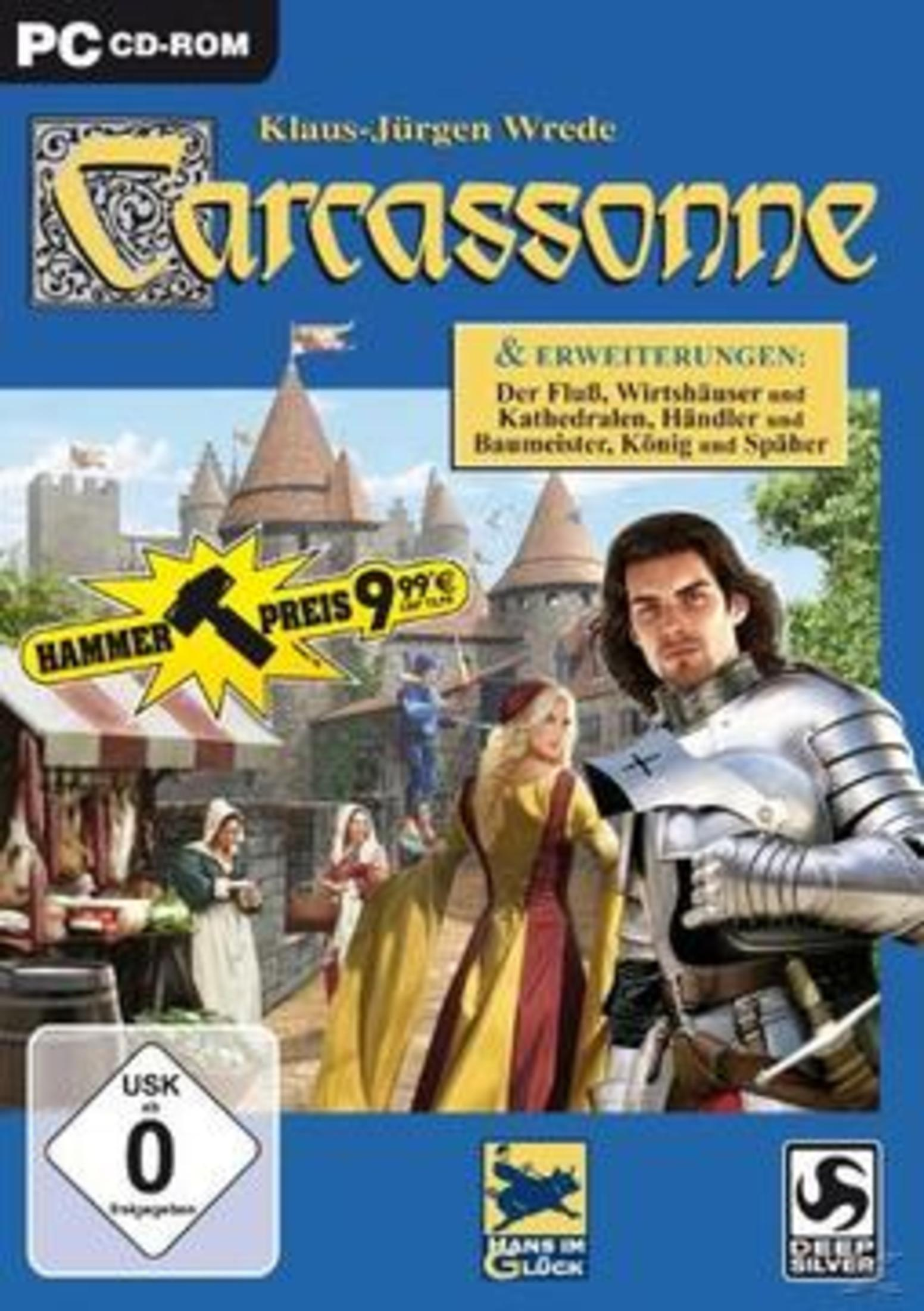 Spielcover mit mittelalterlicher Szene. Mann in Rüstung und Frau in gelbem Kleid.