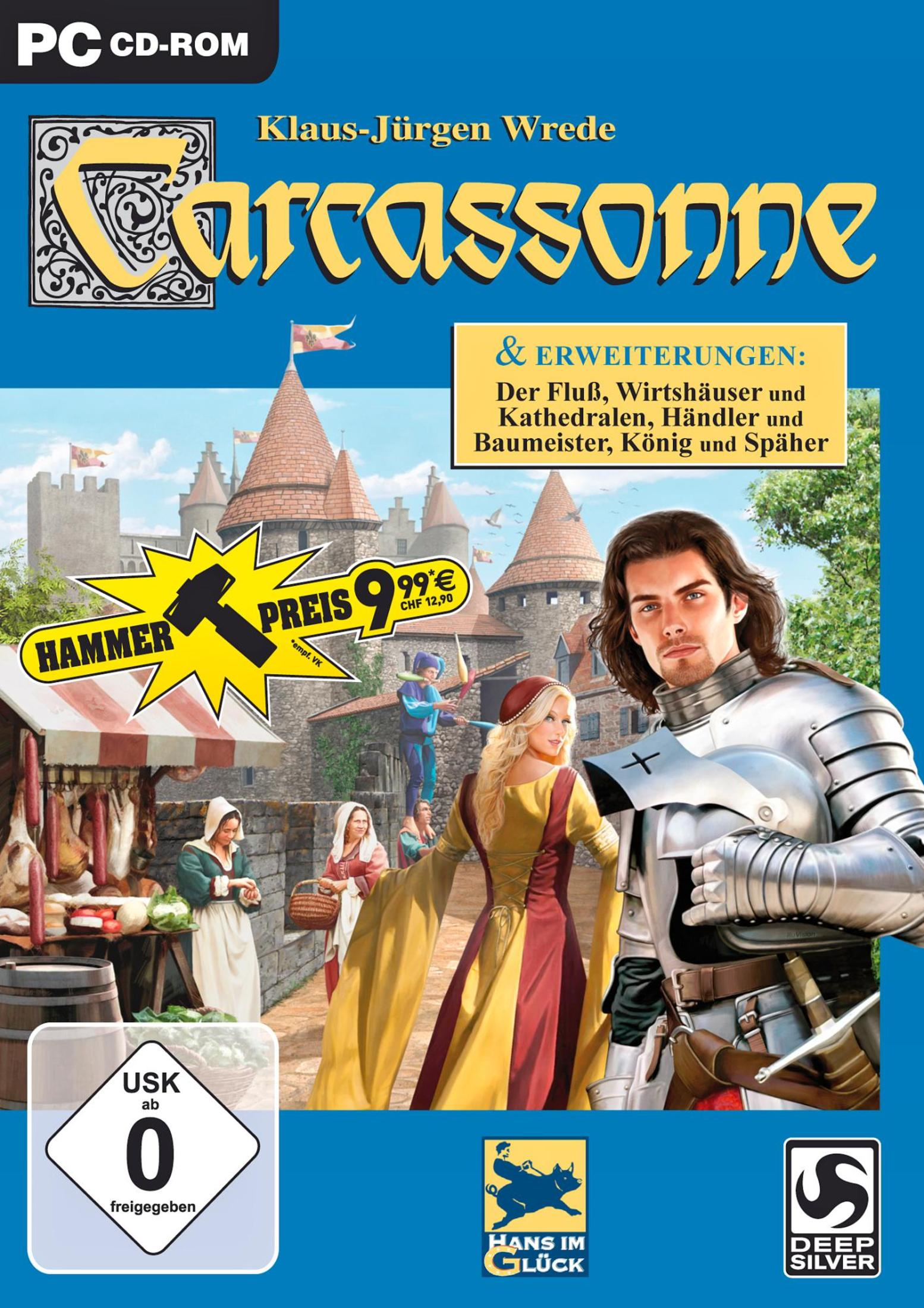 Brettspielbox mit mittelalterlichem Thema. Ritter, Burgen, und eine Stadtansicht.