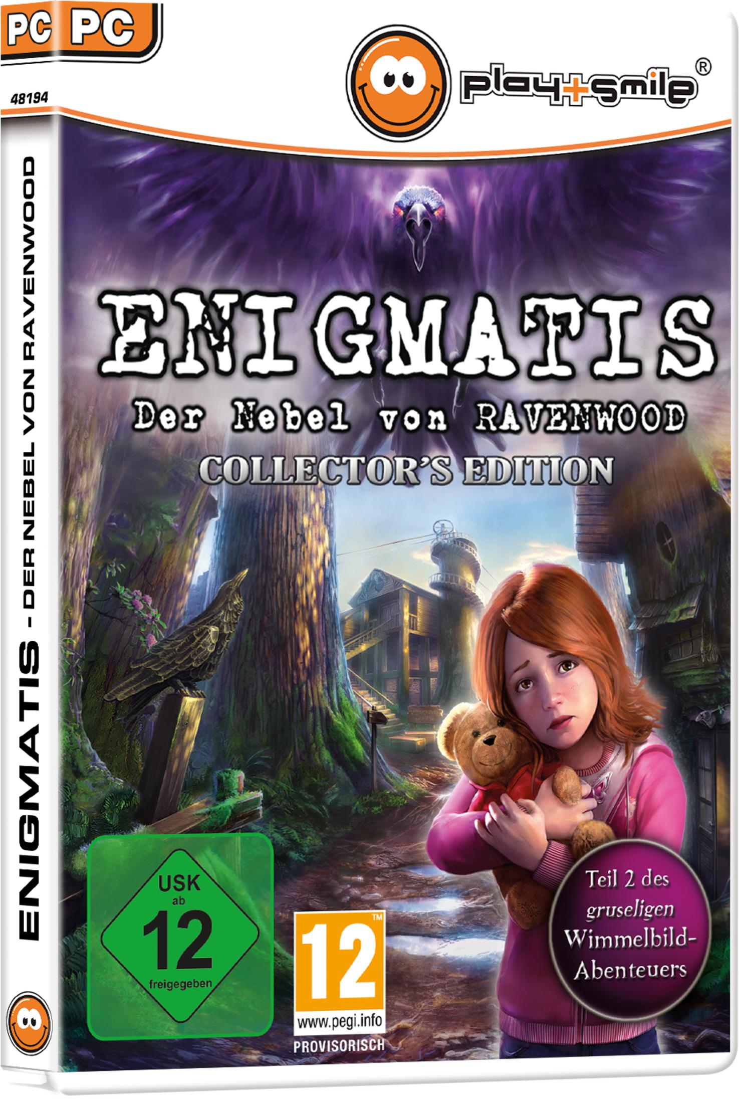 Spielbox: Enigmatis, Collector's Edition. Mädchen mit Teddybär vor einer gruseligen Waldszene.