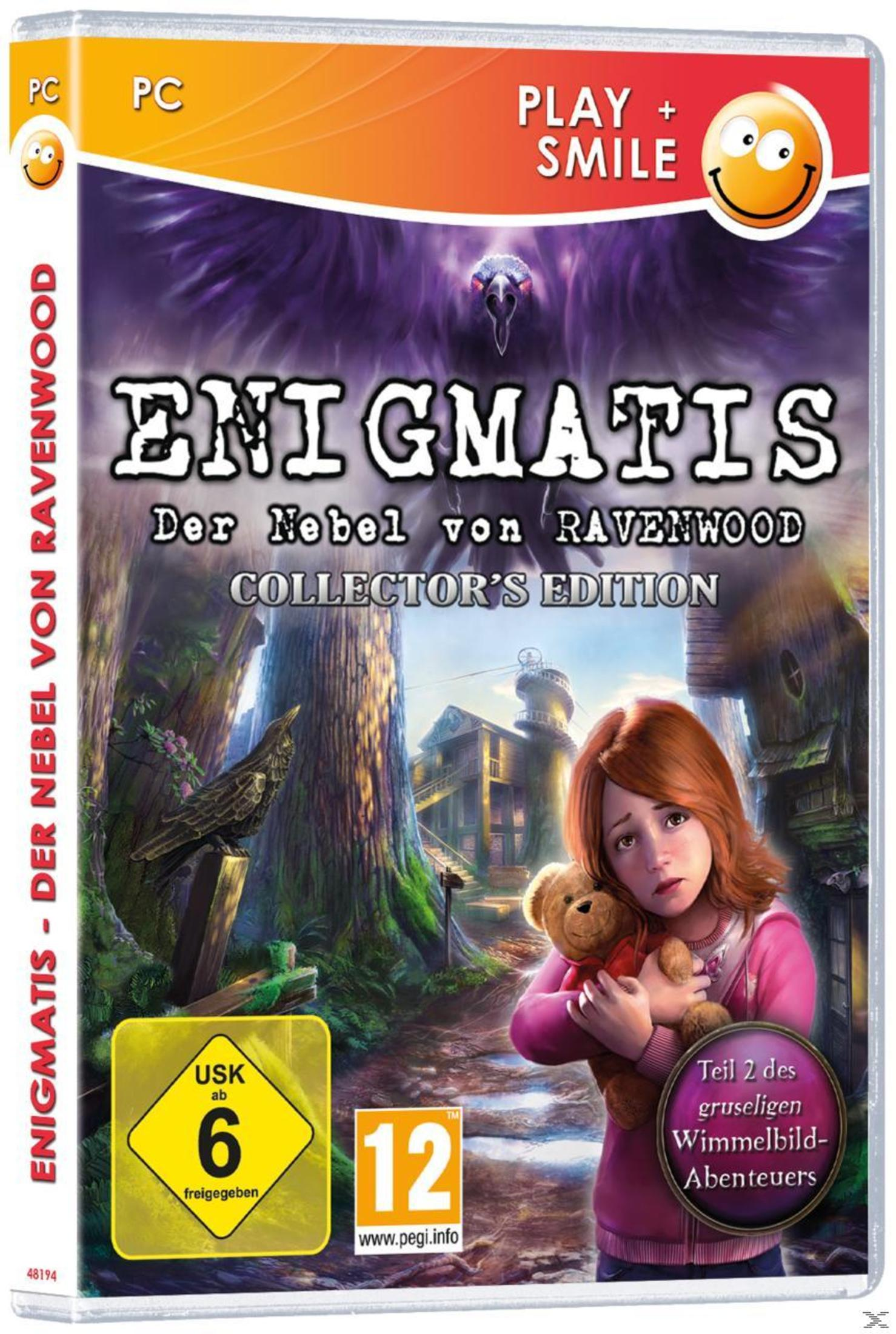 Eine Spielbox für 'Enigmatis'. Ein Mädchen hält einen Teddybären. Die Box hat einen dunkelvioletten Hintergrund.