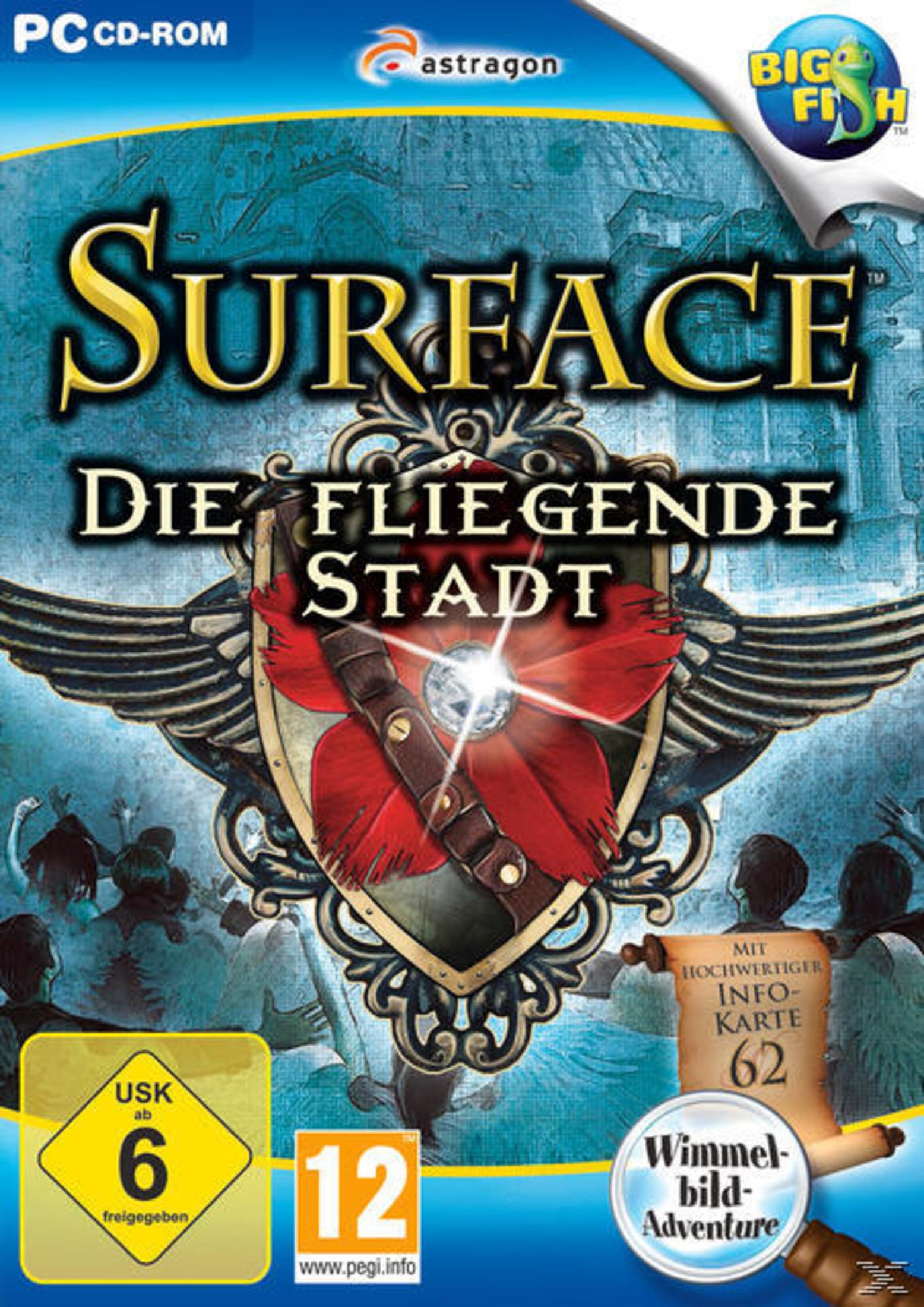 Spielbox mit Titel "Surface: Die Fliegende Stadt". Enthält Bilder einer Stadt und eines fliegenden Schiffes.