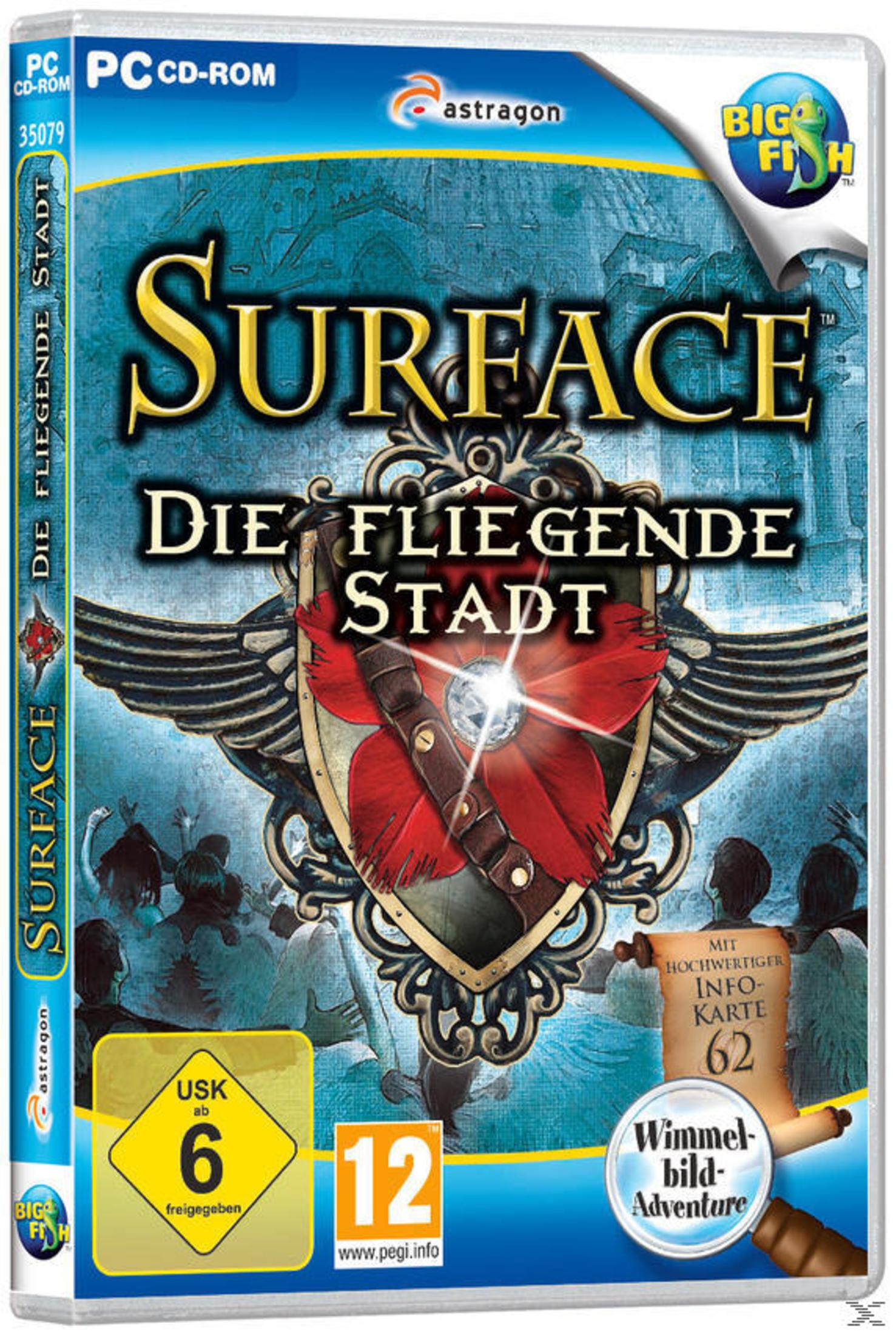 Spielverpackung für "Surface Die Fliegende Stadt" mit Fantasy-Thema.