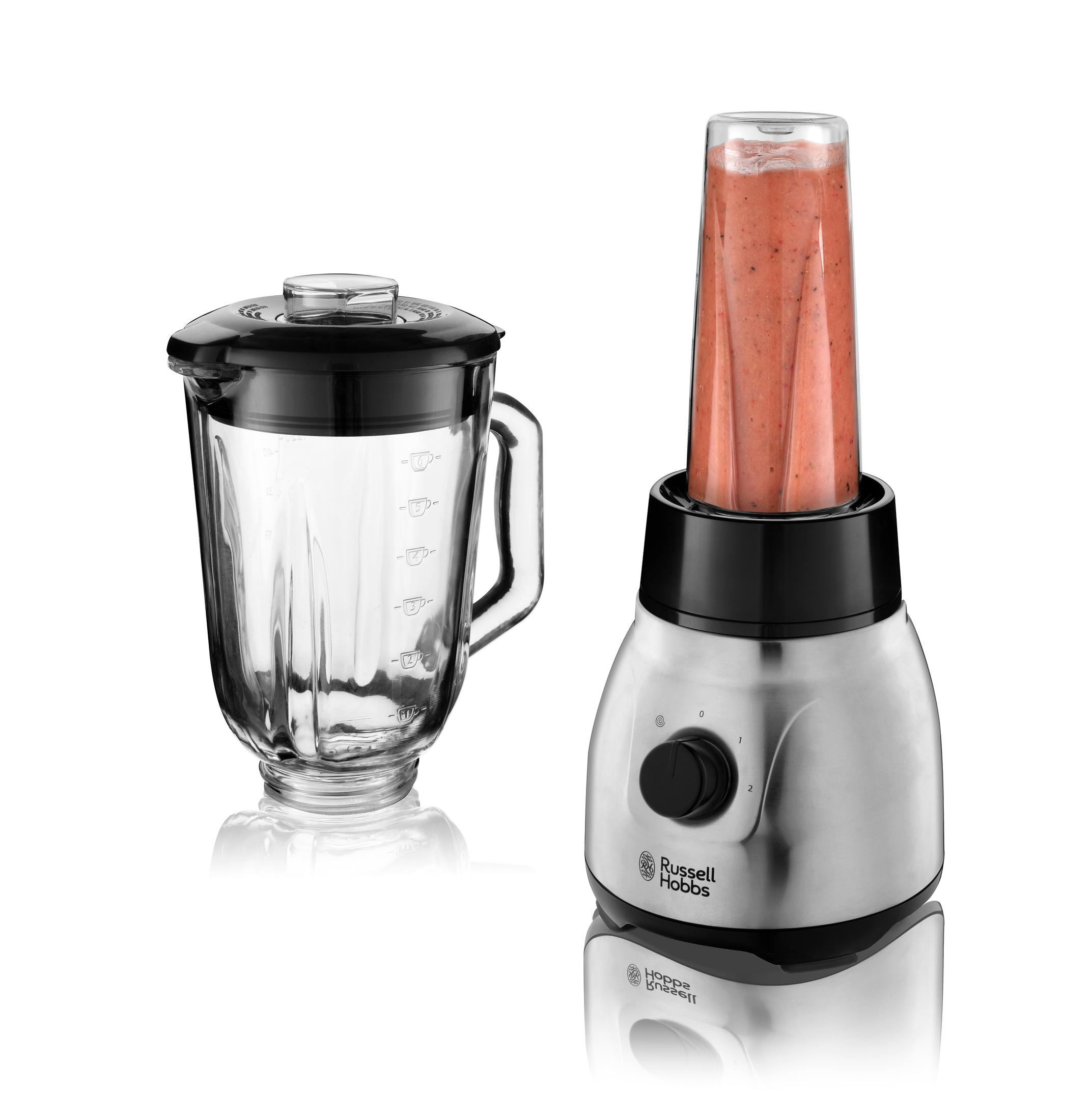Mixer mit Glasbehälter und Smoothie-Behälter, weißer Hintergrund.