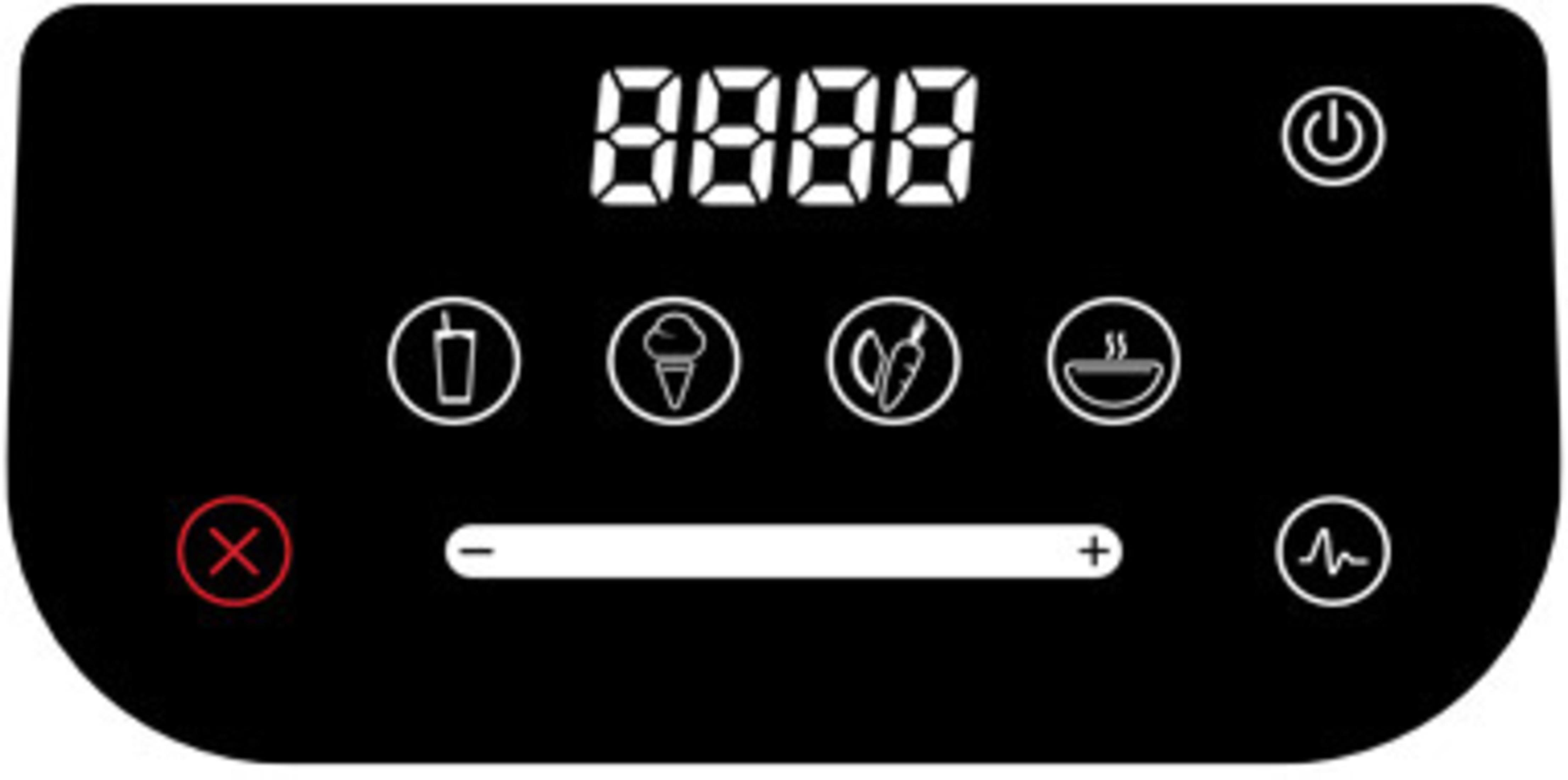 Panel de control negro con iconos de bebida, helado, zanahorias, sopa y encendido.