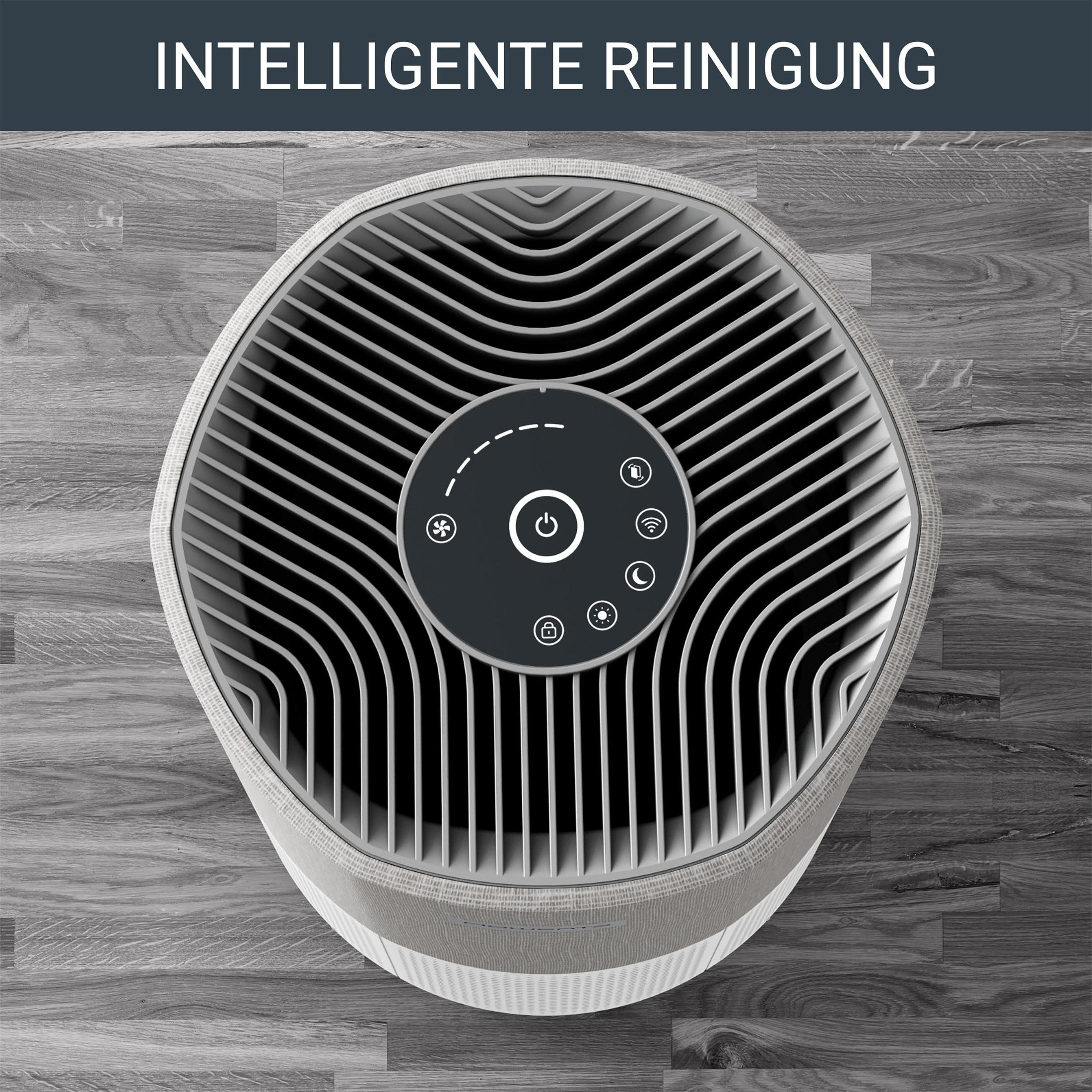 Luftreiniger, Draufsicht. Mit rundem Bedienfeld und Luftschlitzen.