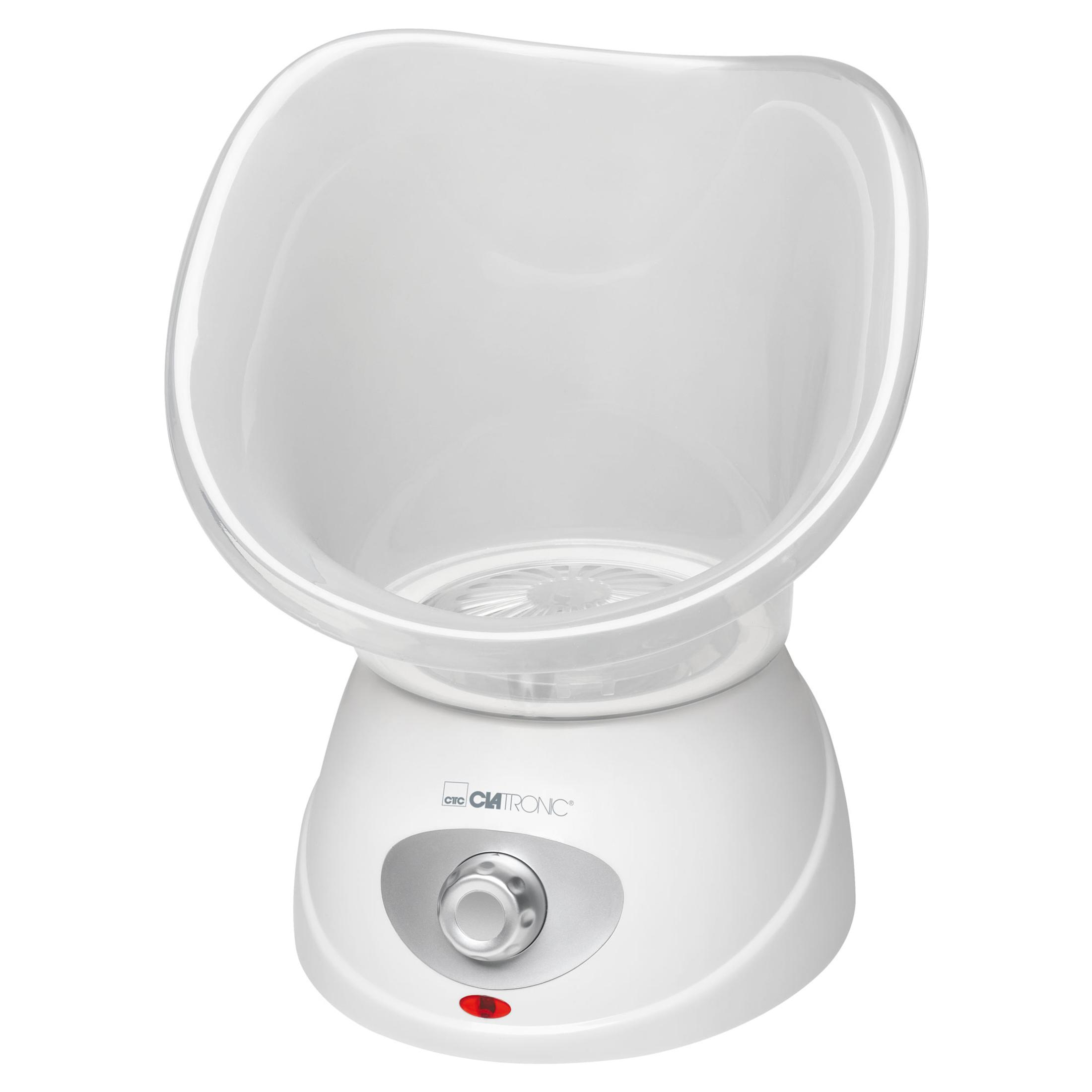 Biały parownik do twarzy. Ma głowicę w kształcie misy z dyszą. Pokrętło i kontrolka zasilania.