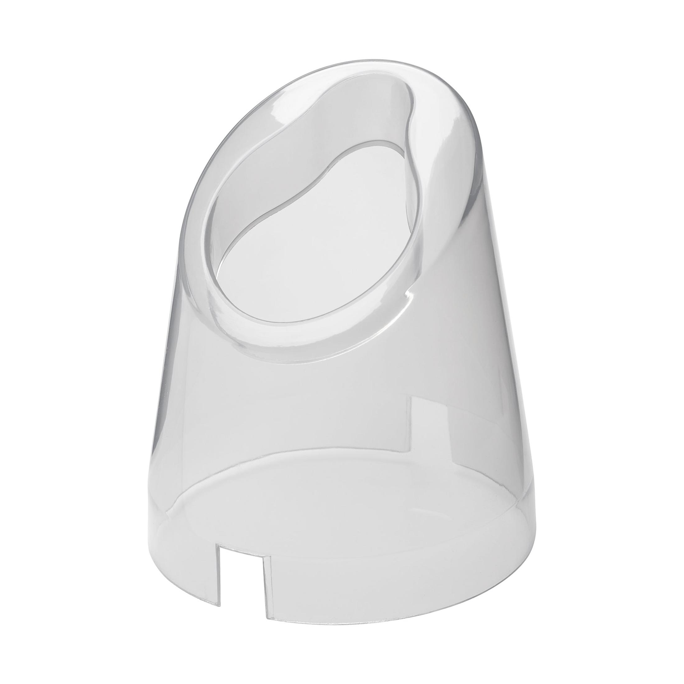 Przezroczysty plastikowy przedmiot z zaokrągloną górą i otworem.