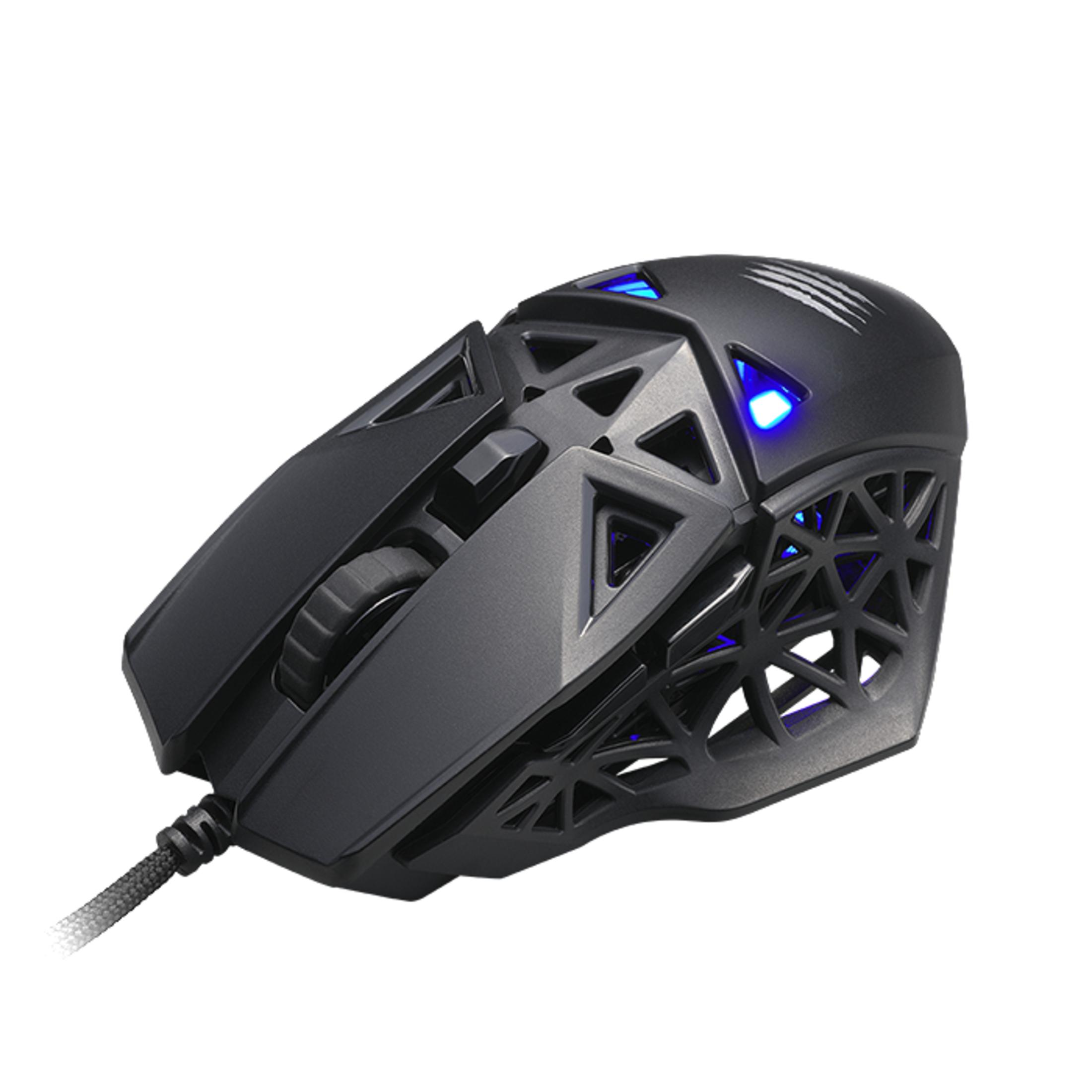 Schwarze Gaming-Maus mit blauen Lichtern. Sie ist kabelgebunden und hat ein kompliziertes Design.