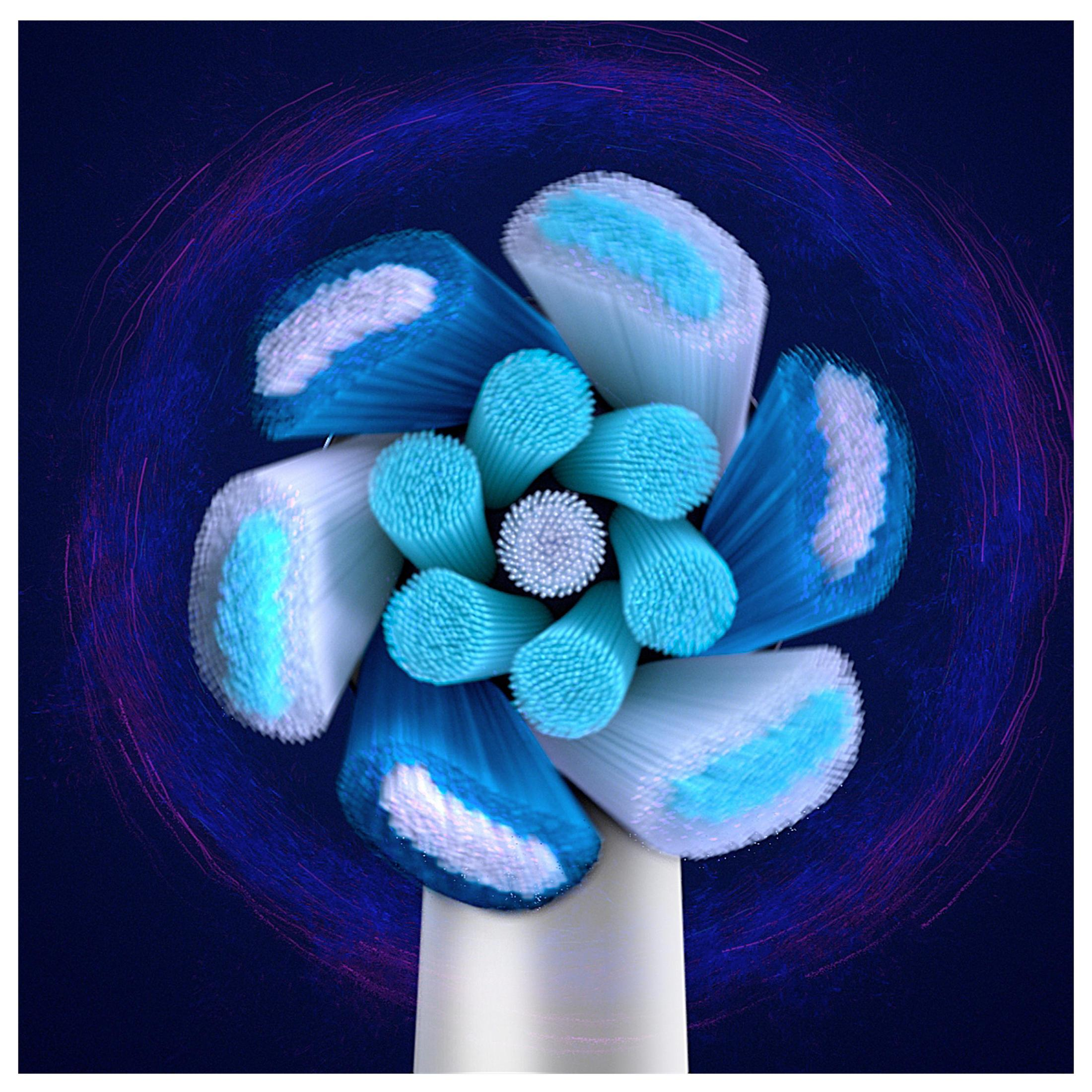 Un cabezal de cepillo de dientes eléctrico. Las cerdas son azules y blancas en un patrón circular.
