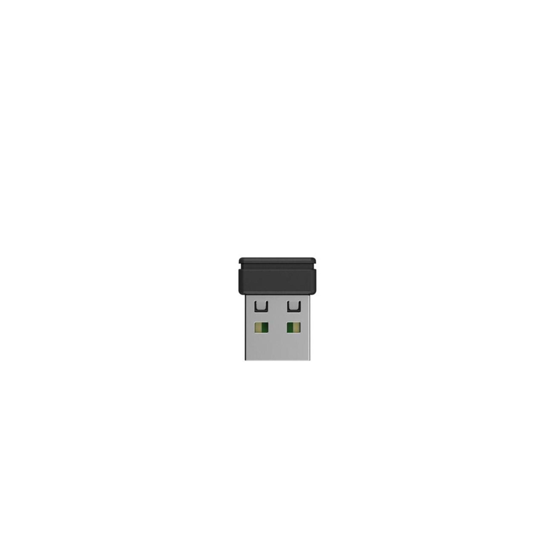 Chiavetta USB nera su sfondo bianco.
