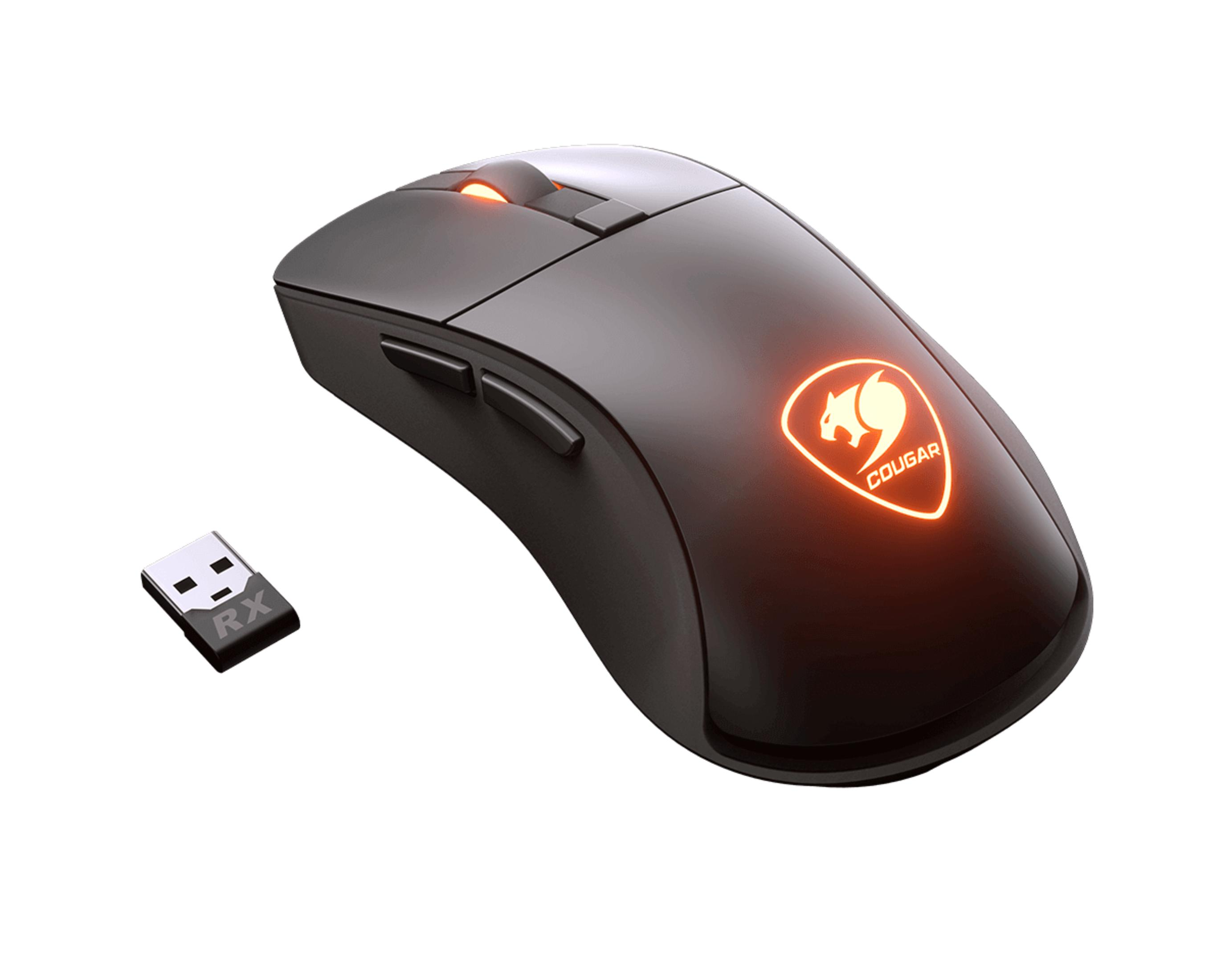 Un mouse wireless nero con un logo rosso e un ricevitore USB. Lo sfondo è bianco.