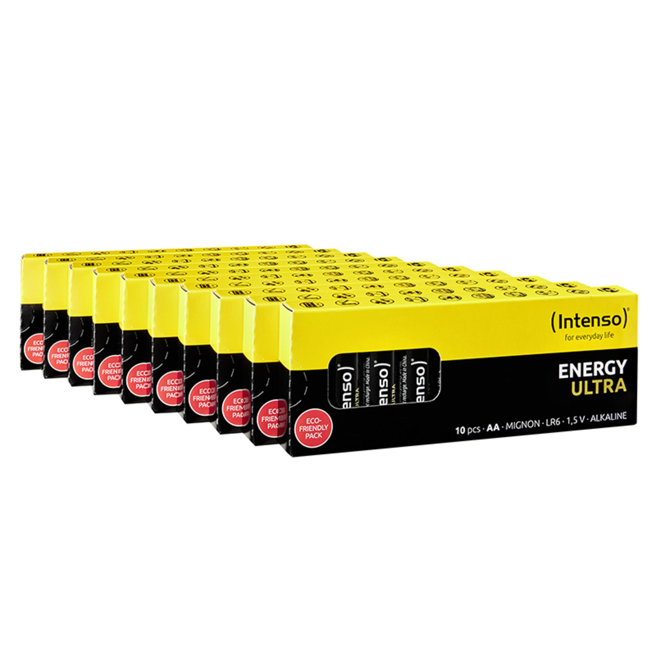 Geöffnete Packung AA-Batterien, gelb-schwarze Verpackung.