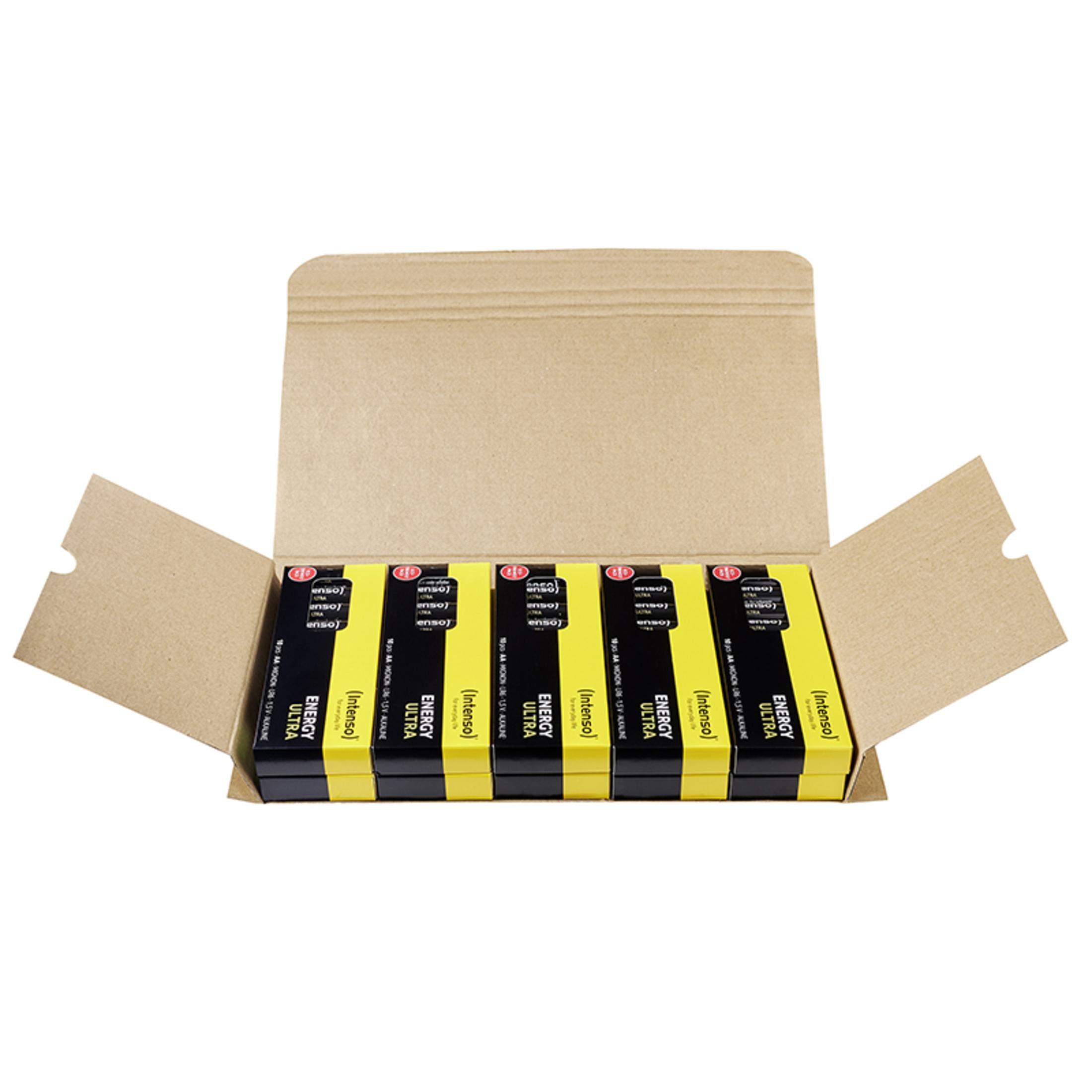 Nahaufnahme einer Schachtel mit AA-Batterien, gelb-schwarze Verpackung.