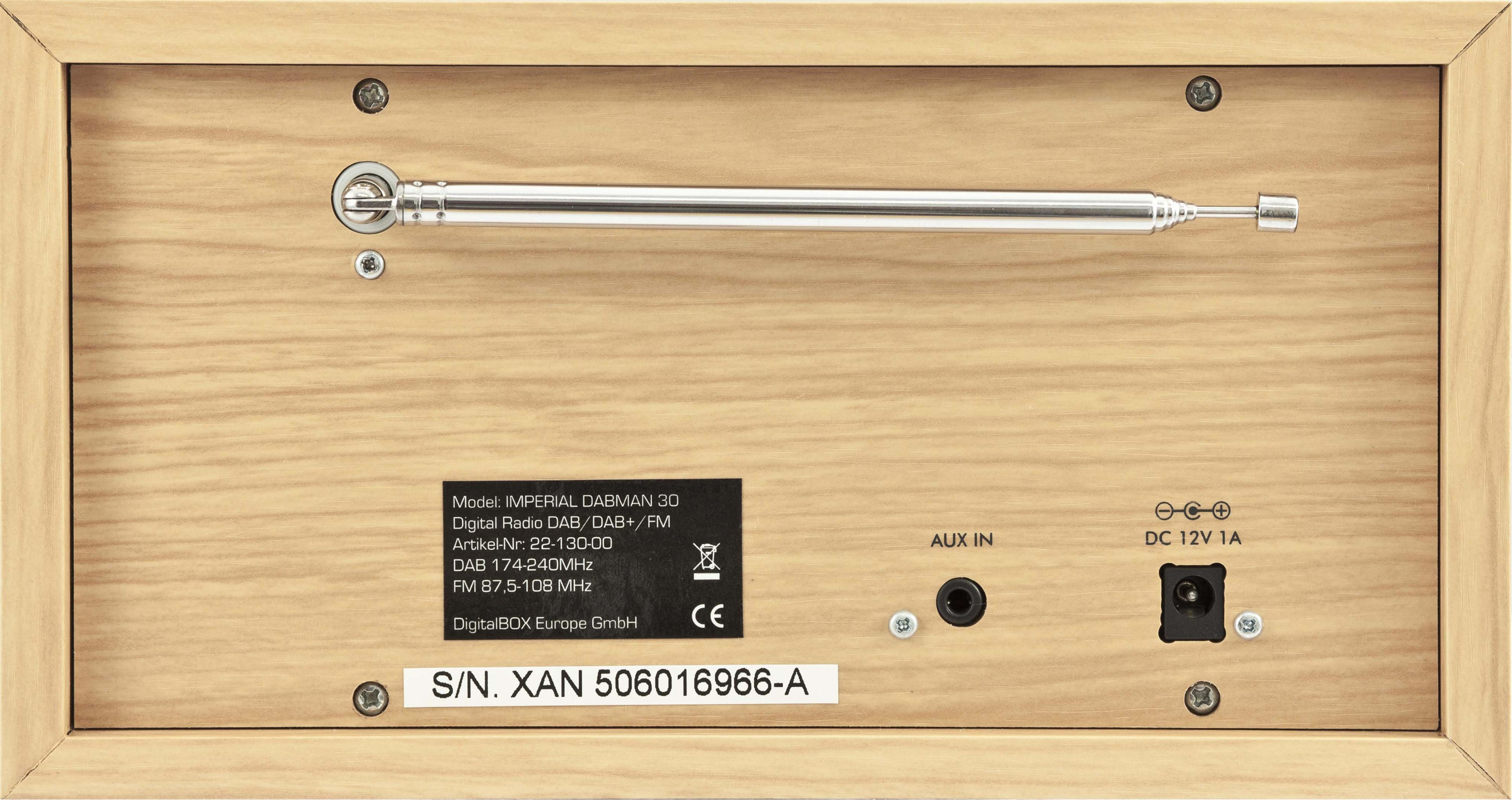 Tył drewnianego radia. Szczegóły modelu, DAB/FM i inne informacje. Antena i porty widoczne.