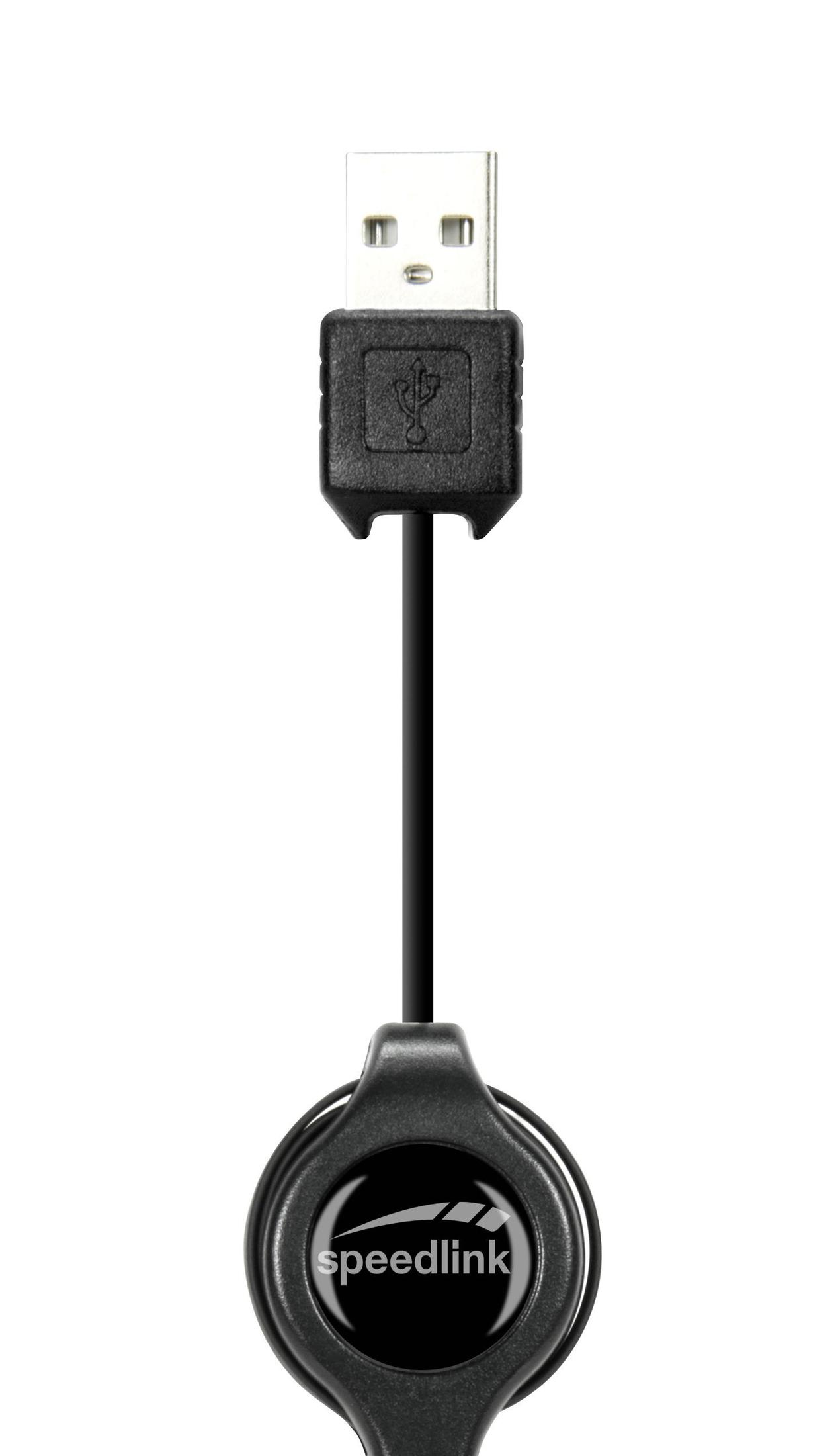 Zwarte USB-kabel met een zwart speedlink-logo aan het einde.