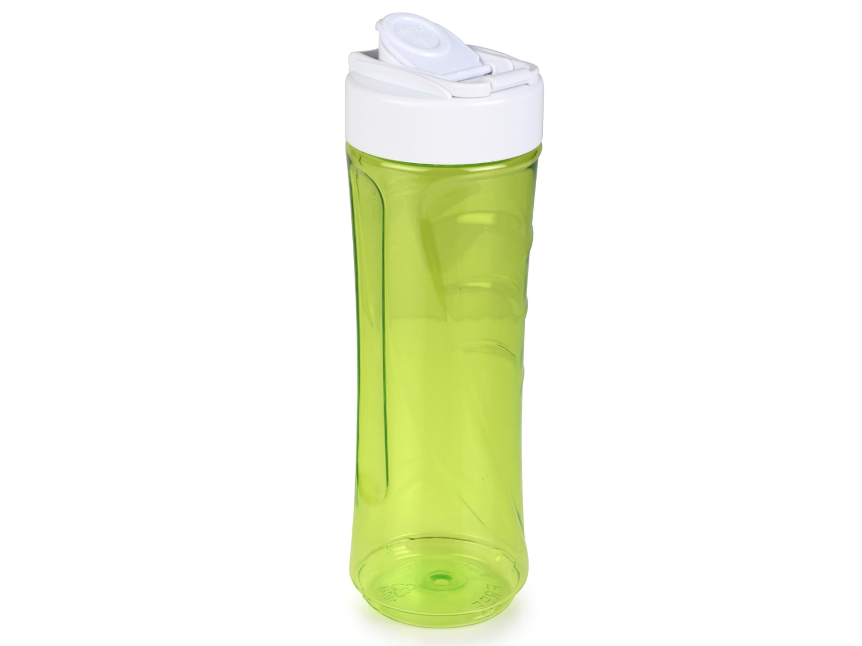 Bottiglia d'acqua verde con coperchio bianco. La bottiglia è trasparente.