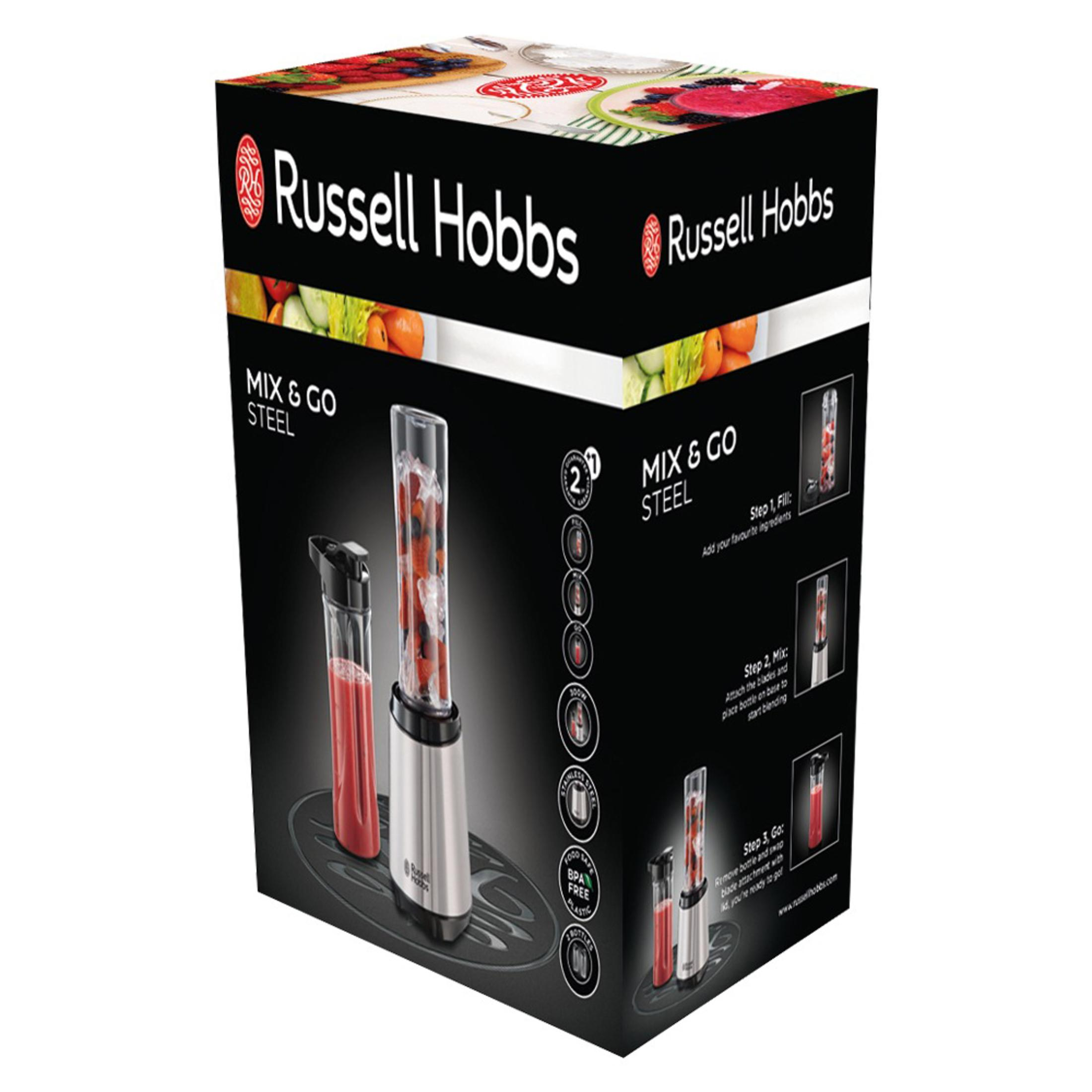 Caja de una licuadora 'Russell Hobbs'. Tiene una licuadora y un recipiente con líquido rojo.