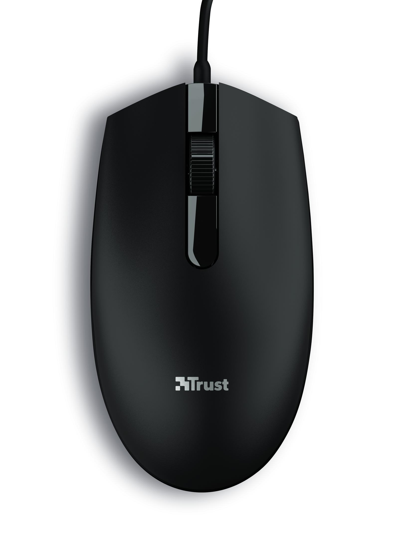 Czarna mysz komputerowa z kółkiem przewijania. Białe tło.