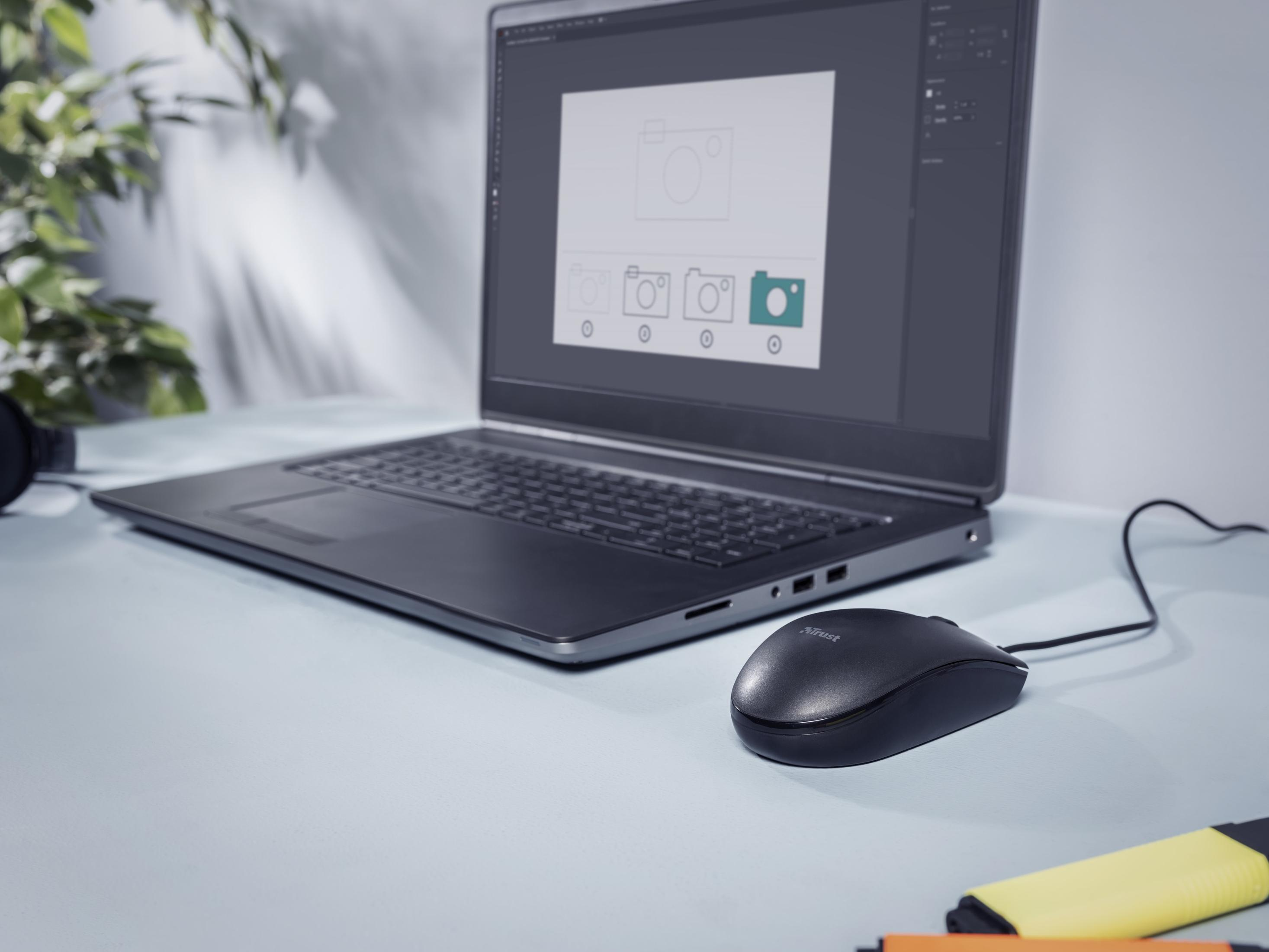 Laptop na biurku. Otwarty ekran wyświetlający interfejs edycji obrazu. Mysz i przedmiot.