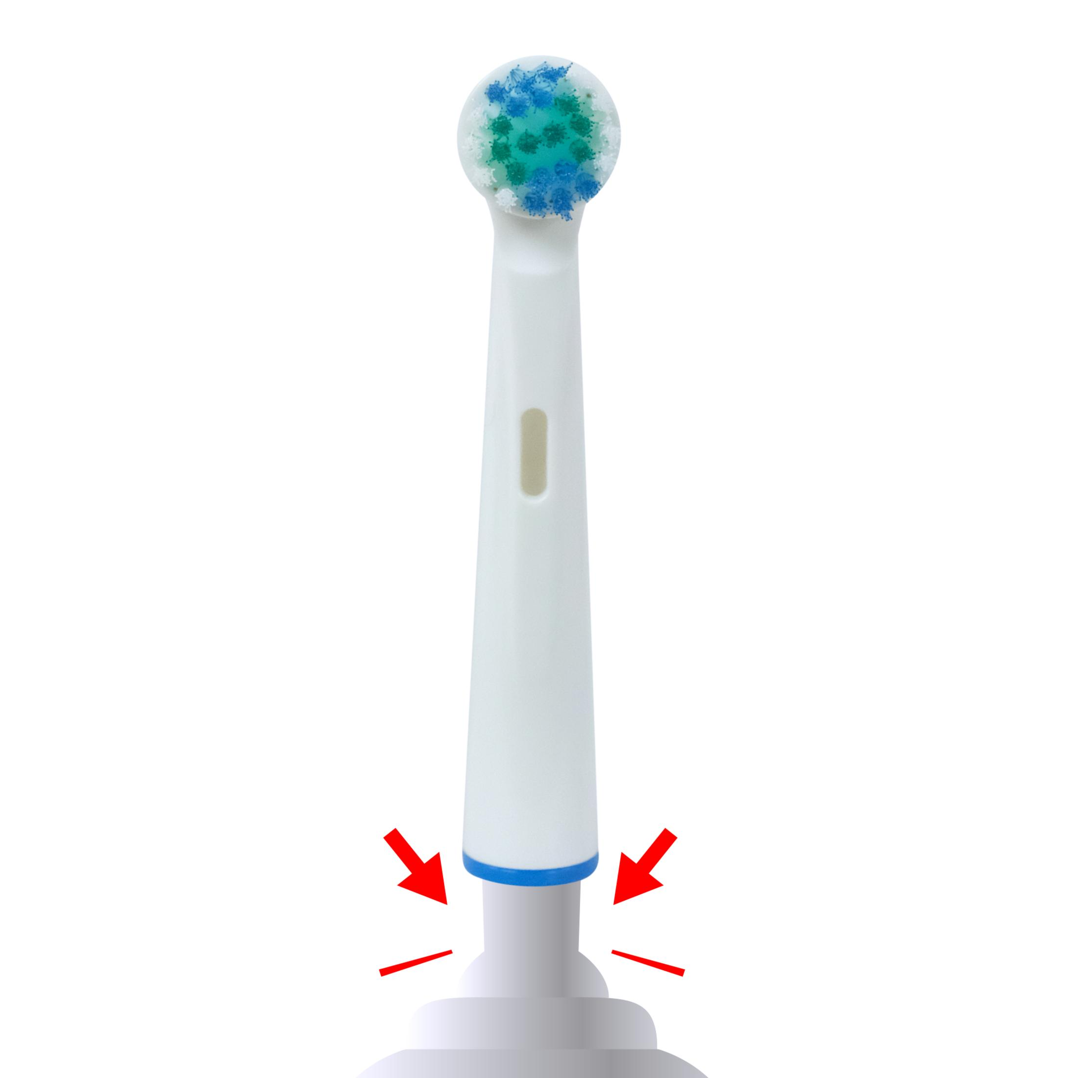 Nahaufnahme eines weißen Zahnbürstenkopfes mit blauen und grünen Borsten, mit roten Pfeilen zur Basis.