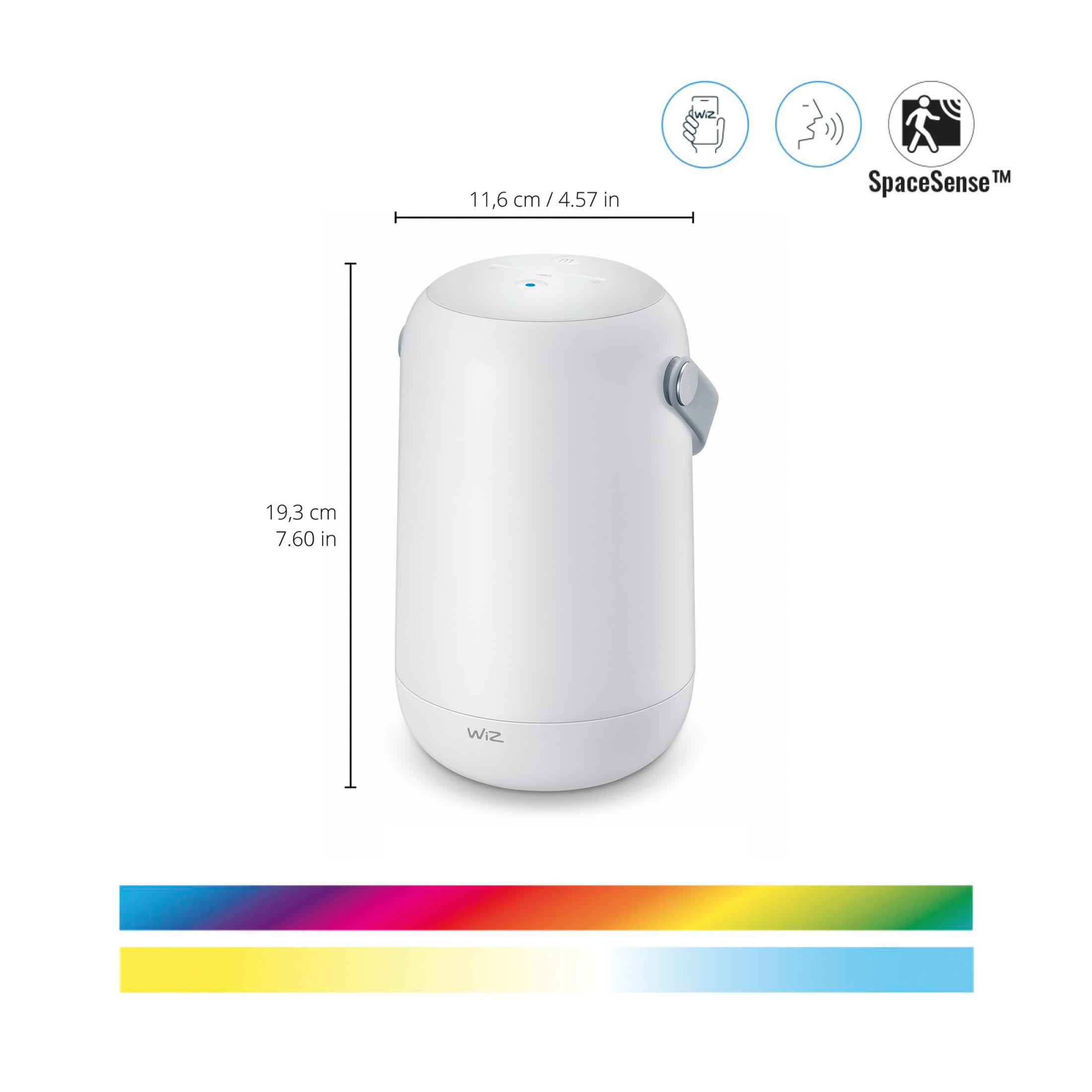 Witte slimme speaker met afmetingen en kleurenspectrum indicatoren. Witte achtergrond.