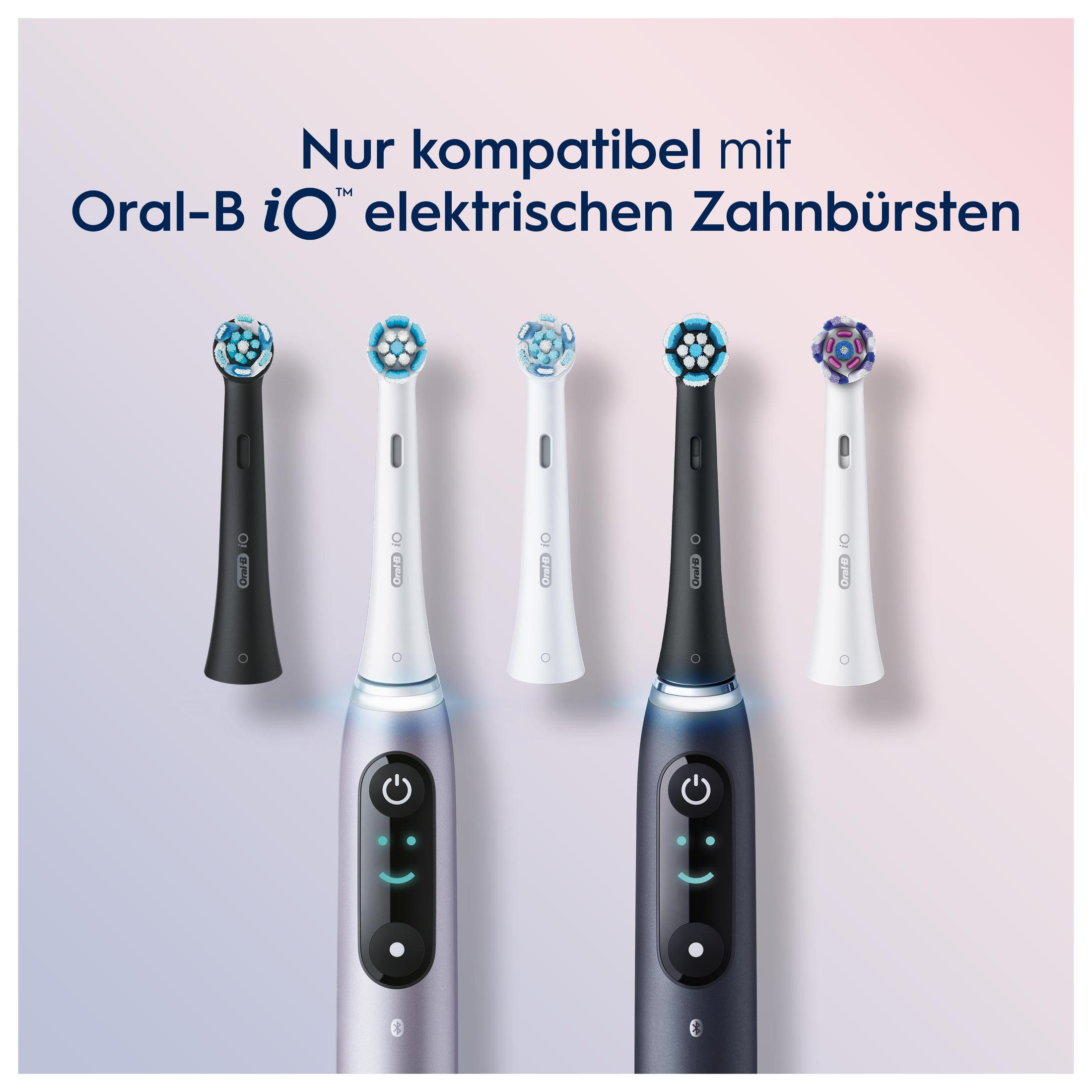 Pięć główek szczoteczki elektrycznej Oral-B, widoczne dwie szczoteczki. Tekst mówi 'Nur kompatibel mit Oral-B iO'.