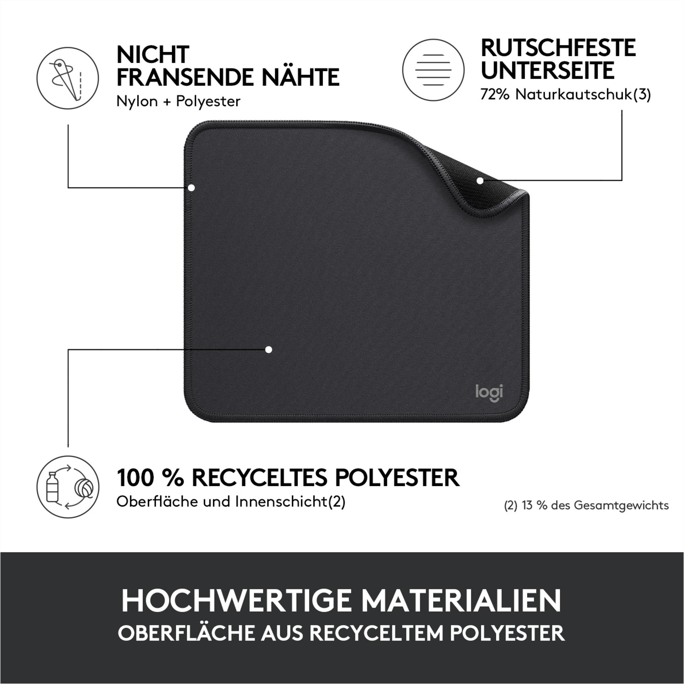 Czarna podkładka pod mysz Logitech z etykietami tekstowymi i szczegółami.